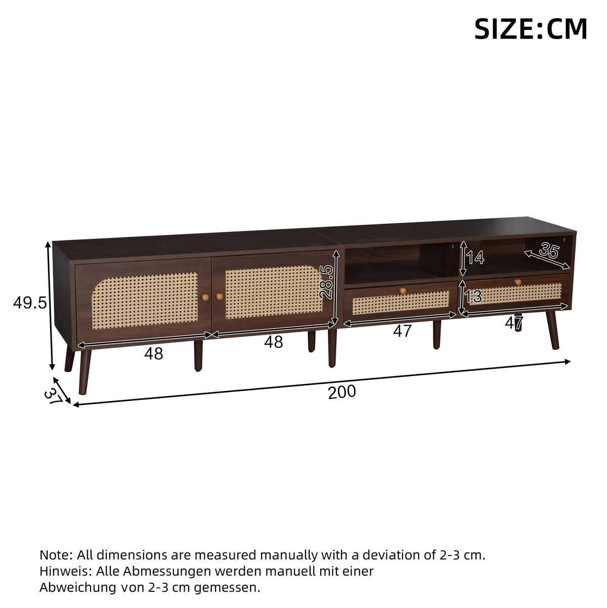 TV-ELEMENT mit 2 Rattantüren und 2 Schubladen 200 cm Braun - Braun, Holzwerkstoff (37/49.5/200cm) - Beauniv
