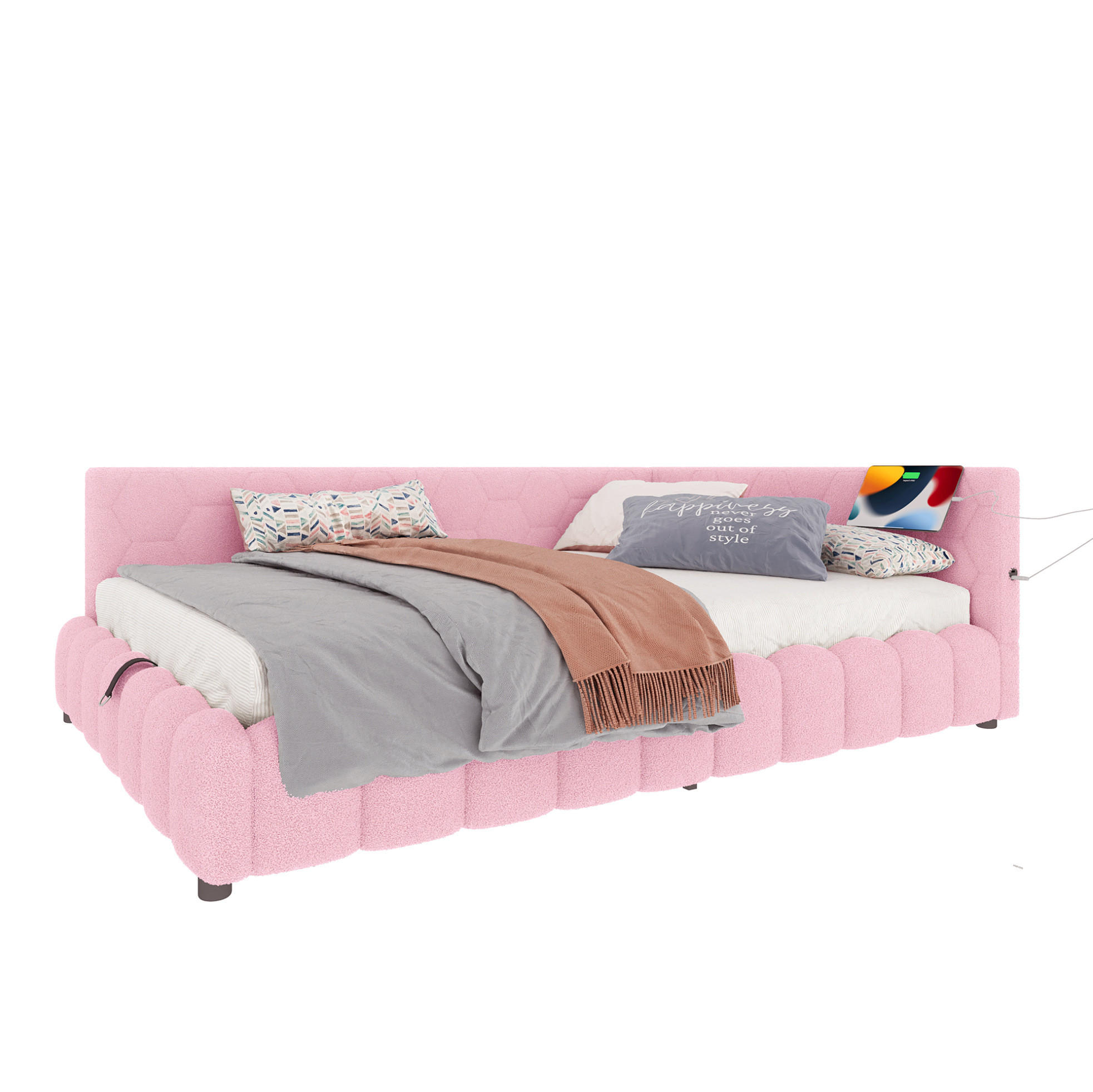 TAGESBETT 140/200 cm mit LED-Lichtleiste, USB, Typ-C und hydraulischem Bettkasten, Vliesimitat, Rosa - Rosa, Textil (140/200cm) - Redom
