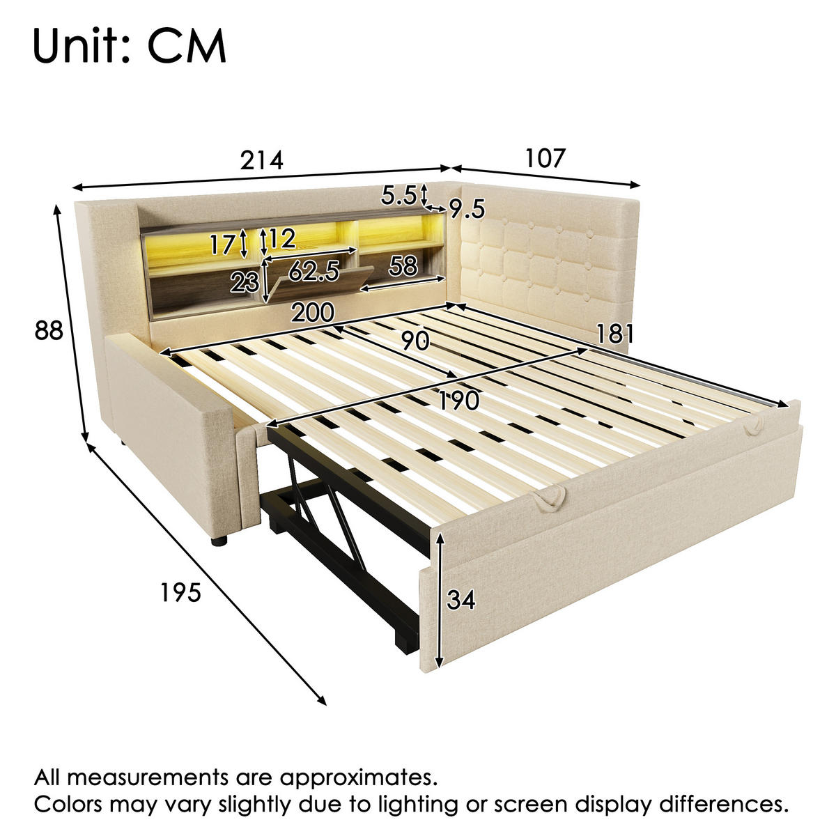 POLSTERBETT 90/200 cm aus Leinen mit Ausziehbett 90/190 cm, LED, USB-C, Stauraum und L-förmigem Kopfteil, Beige - Beige, Textil (90/200cm) - Redom
