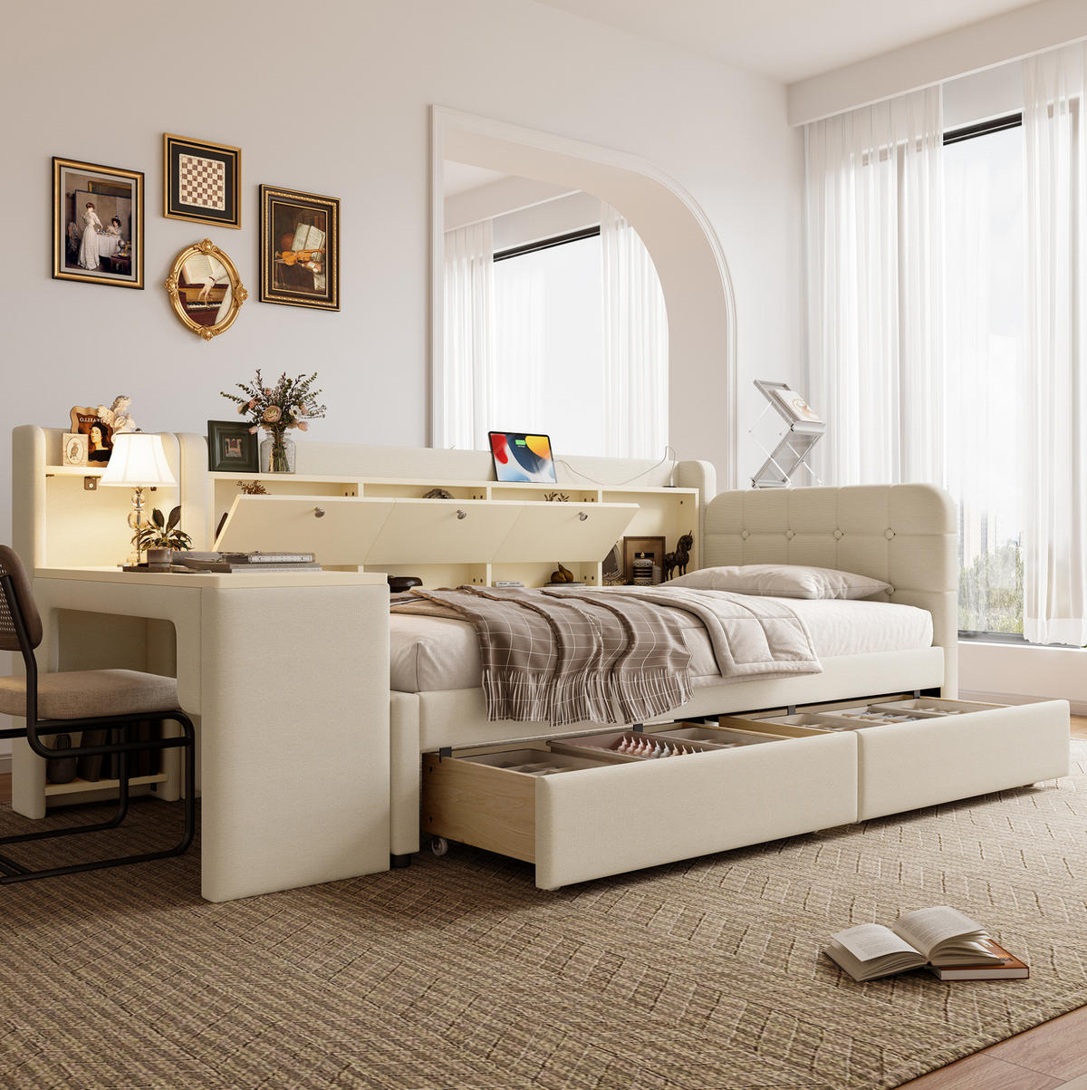 POLSTERBETT 90/200 cm mit Schreibtisch, 2 Schubladen und USB/Typ-C - Beige, Textil (90/200cm) - BEAOK