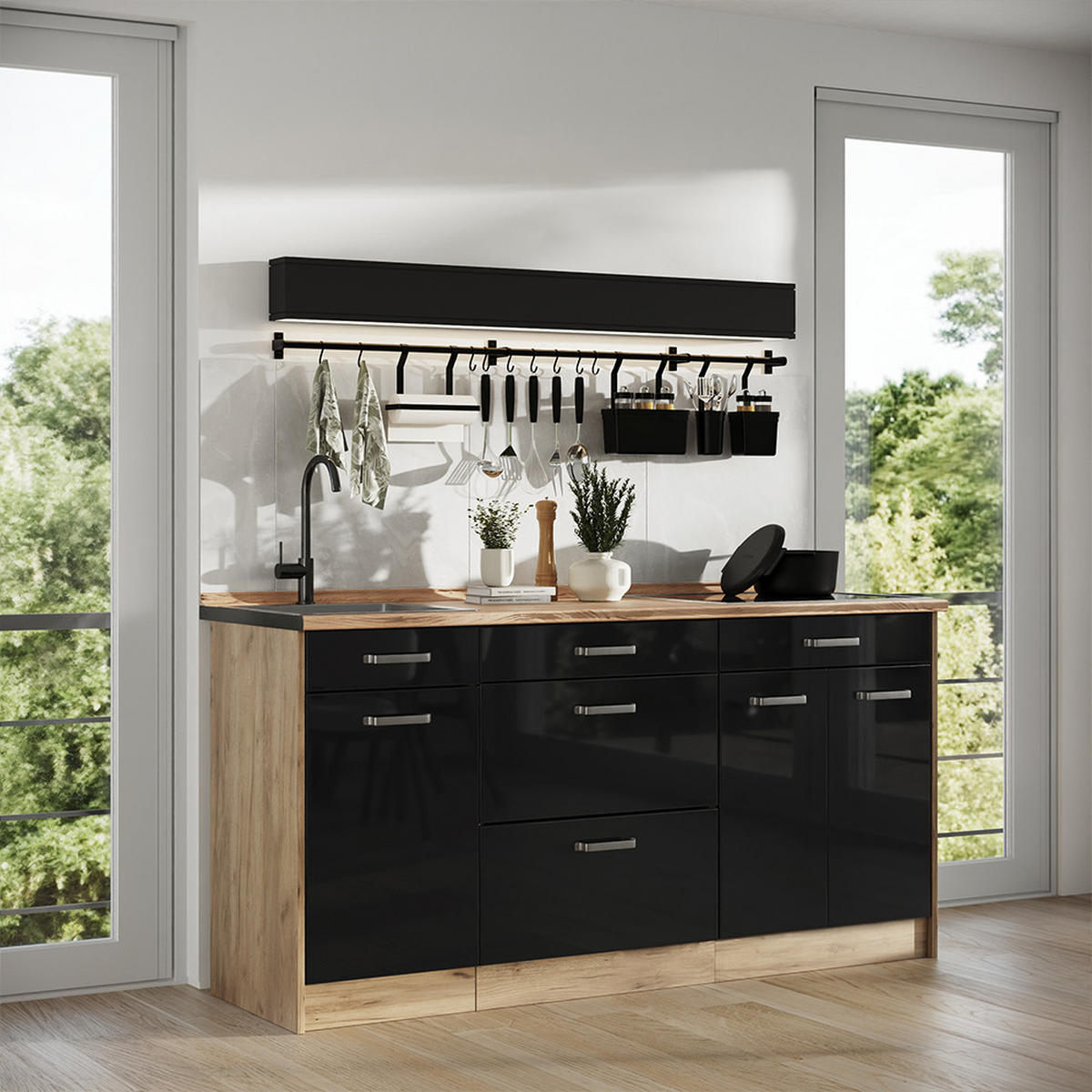 KUCHYNSKÝ BLOK R-Line, Čierny vysoký lesk/Dub Goldkraft, 160 cm Goldkraft tammi työtaso - farba duba/čierna s vysokým leskom, kompozitné drevo (160/81.6/60cm) - Vicco