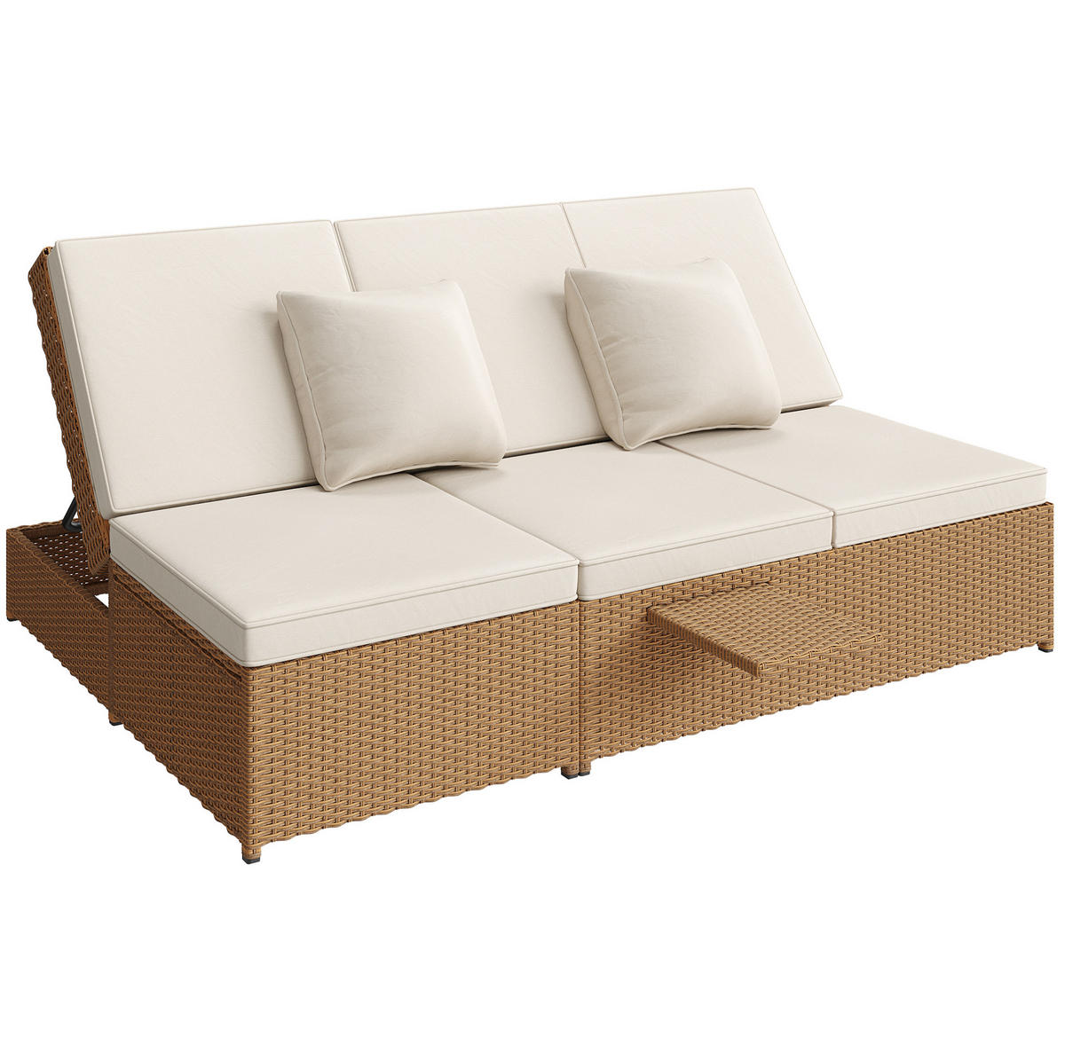 GARTENLIEGE aus Metall, PE-Rattan und Polyester 199x120x37 cm Weiß mit verstellbaren Rückenlehnen, Kissen und Beistelltisch - Weiß, Kunststoff (120/37/199cm) - Modfu