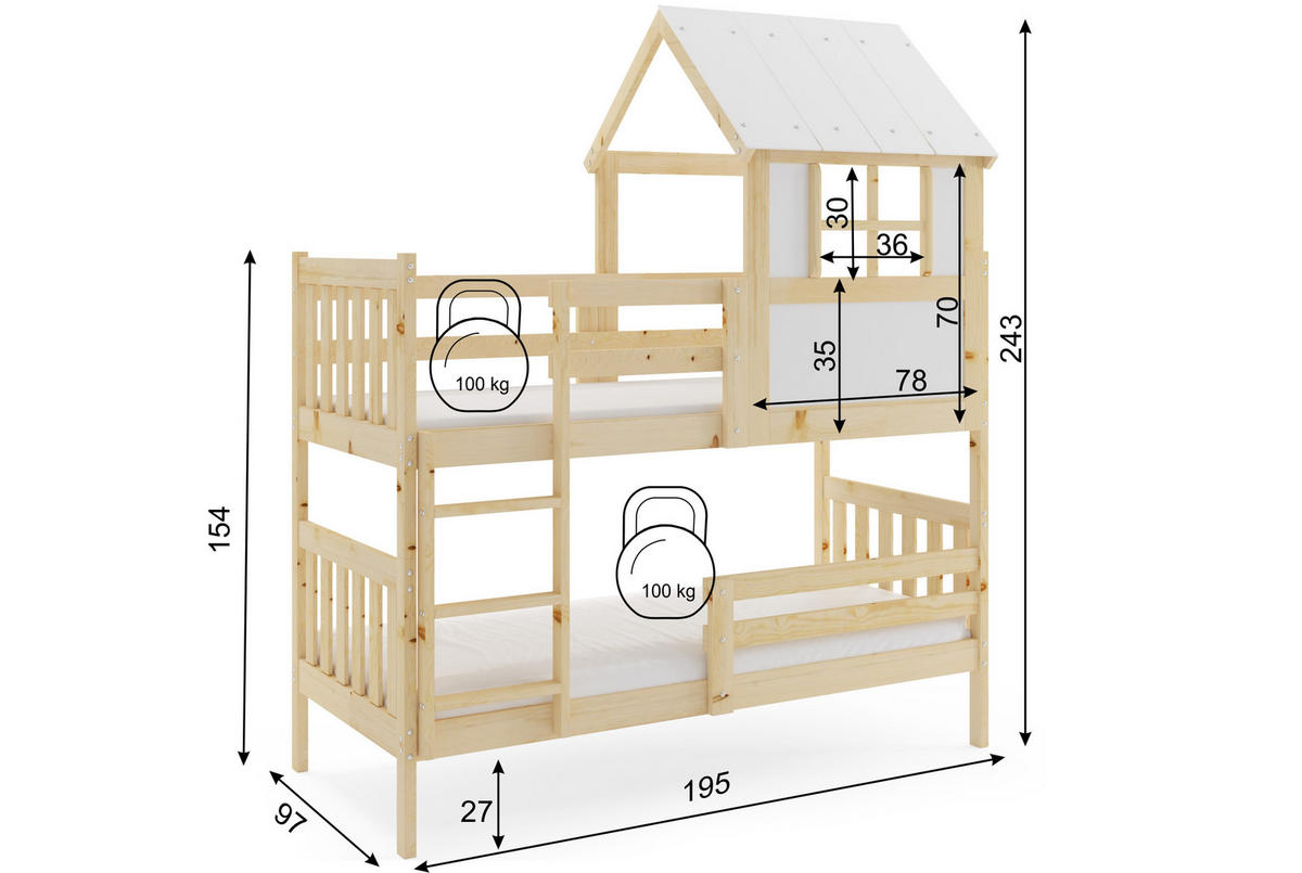 ETAGENBETT KACPER 190x90cm mit Dach - Kieferfarben, Holz (90/190cm) - Interbeds