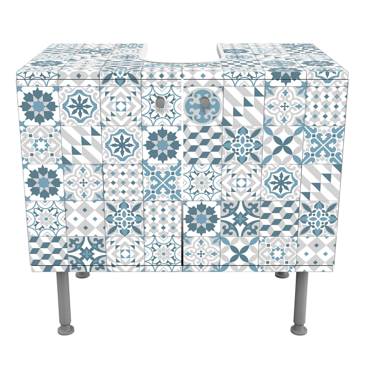 WASCHBECKENUNTERSCHRANK Geometrischer Fliesenmix Blaugrau 60/55/35 cm - Blau, Holzwerkstoff (60/55/35cm) - Bilderwelten