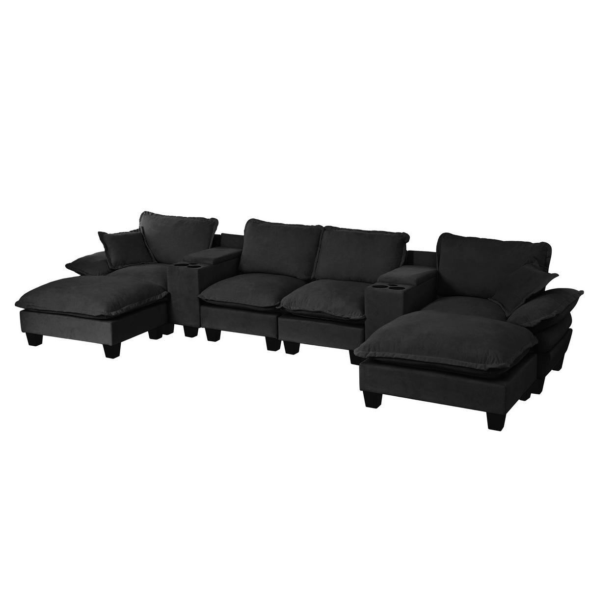 WOHNLANDSCHAFT aus Chenille 392x151x90 cm Schwarz mit USB-Anschluss, Stauraum, Getränkehaltern und 2 Ottomanen - Schwarz, Textil (392/90/151cm) - Modfu