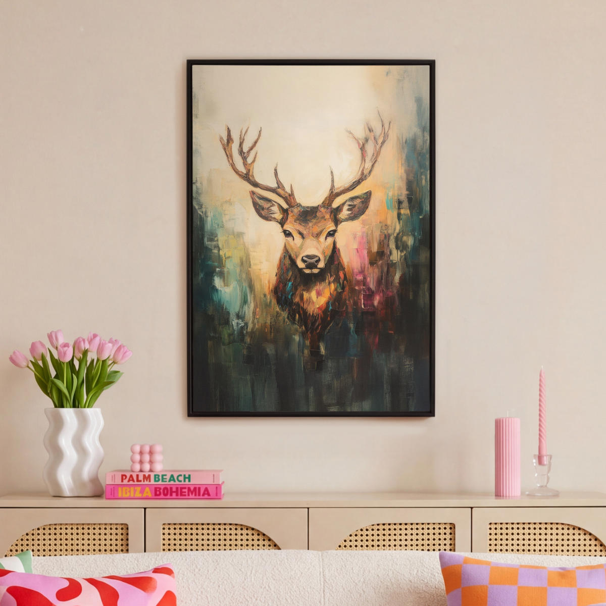 LEINWAND Bilder mit Rahmen - Hirsch - Gemalt - Geweih - Braun - 60x90 - Haselnussfarben, Textil (60/90cm) - MuchoWow