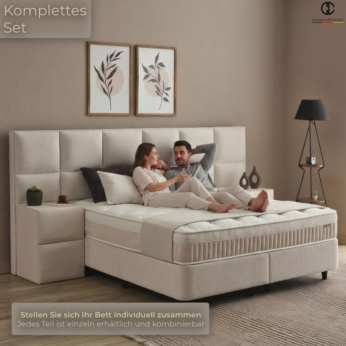 NACHTTISCH CANNES 45/45/60 cm, Ivory, zwei Schubladen - Creme/Schwarz, Holz/Kunststoff (45/60/45cm) - Consilio Concept