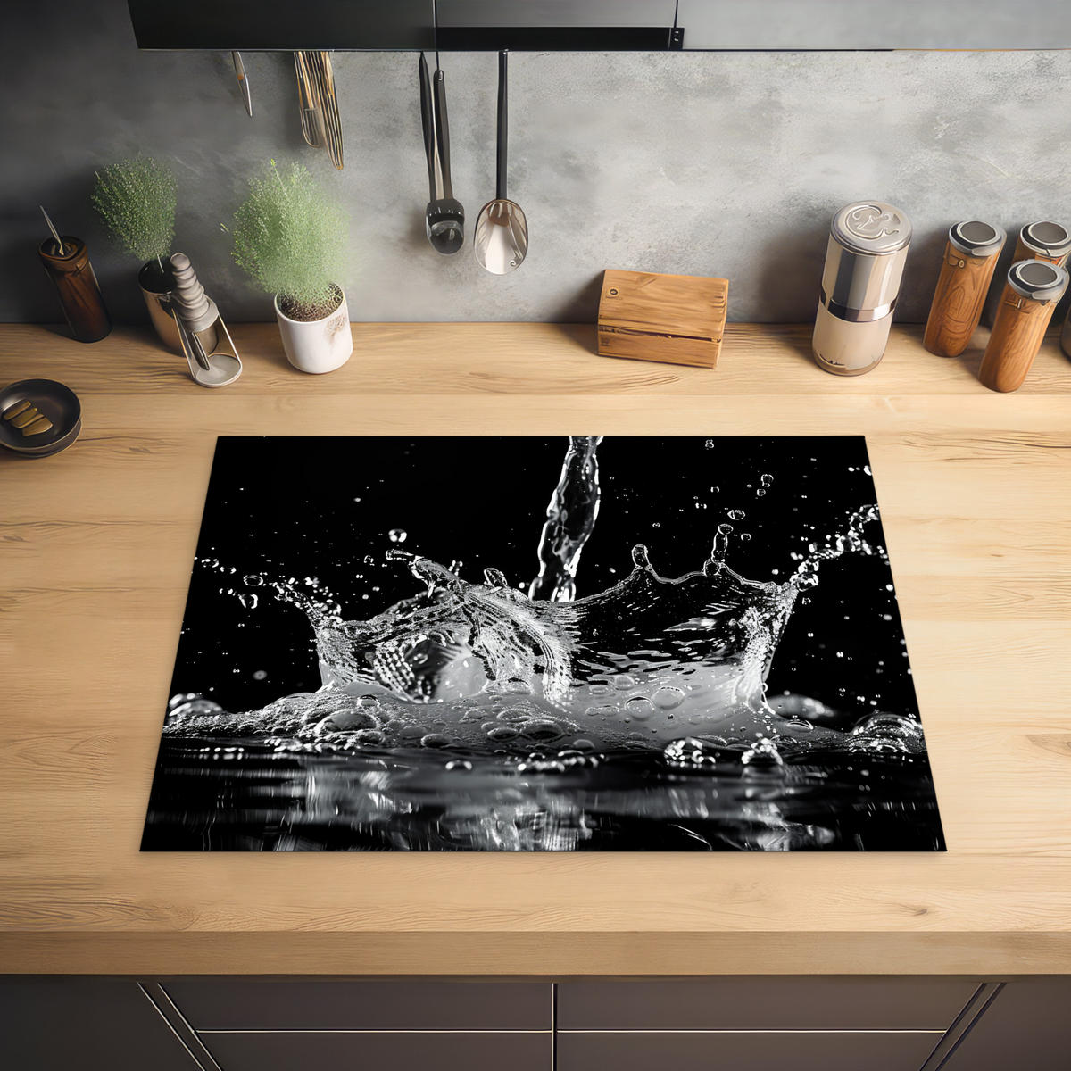 HERDABDECKPLATTE Wasser - Spritzwasser - Schwarz Herdabdeckung Induktionsfeld 70x52 cm - Schwarz, Kunststoff (70/52/0.2cm) - MuchoWow