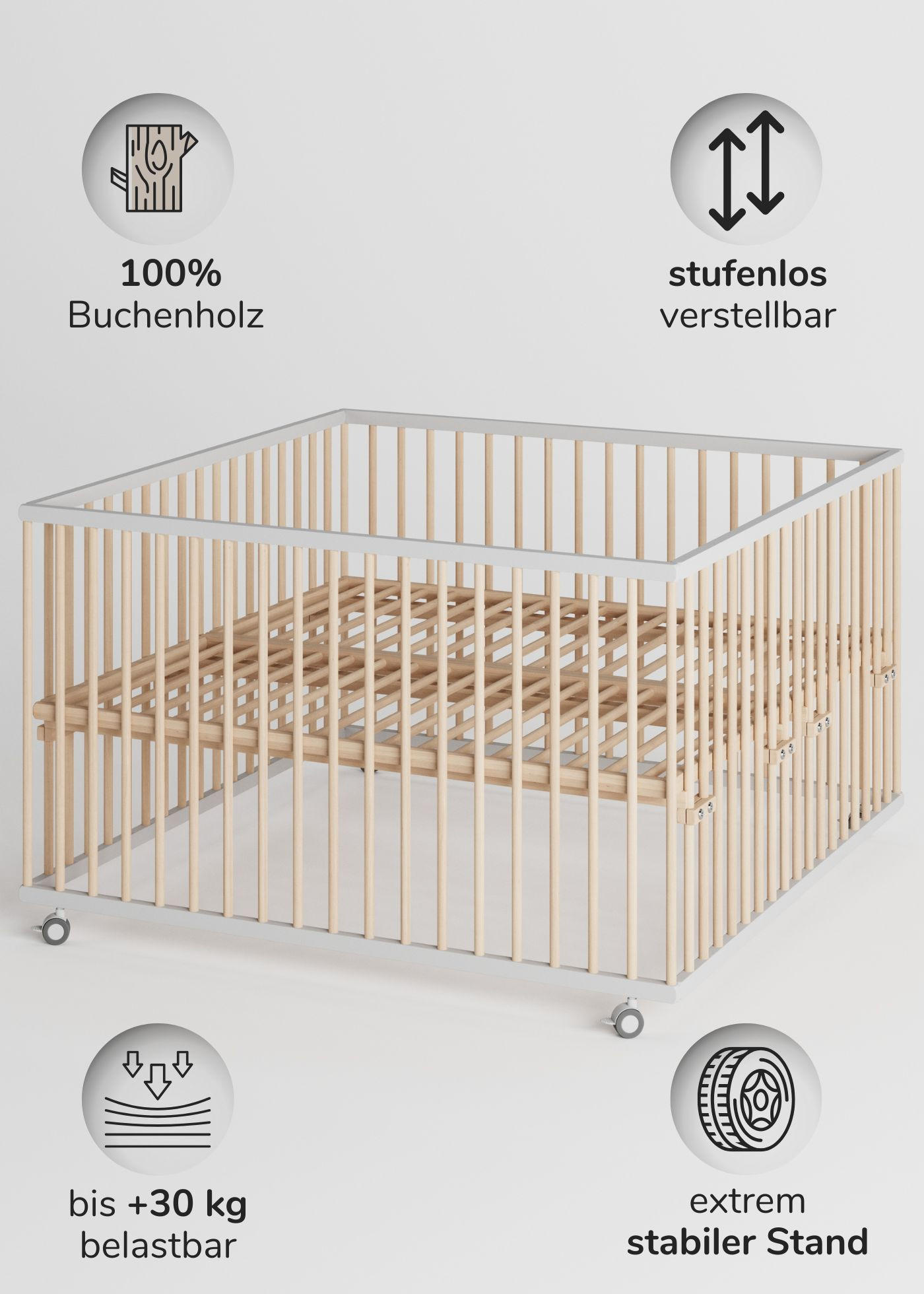 LAUFGITTER XXL 120x120 cm mit Lattenrost - weiß/natur - Premium Kollektion - Weiß/Naturfarben, Holz (120/74/120cm) - Sämann – make a difference.