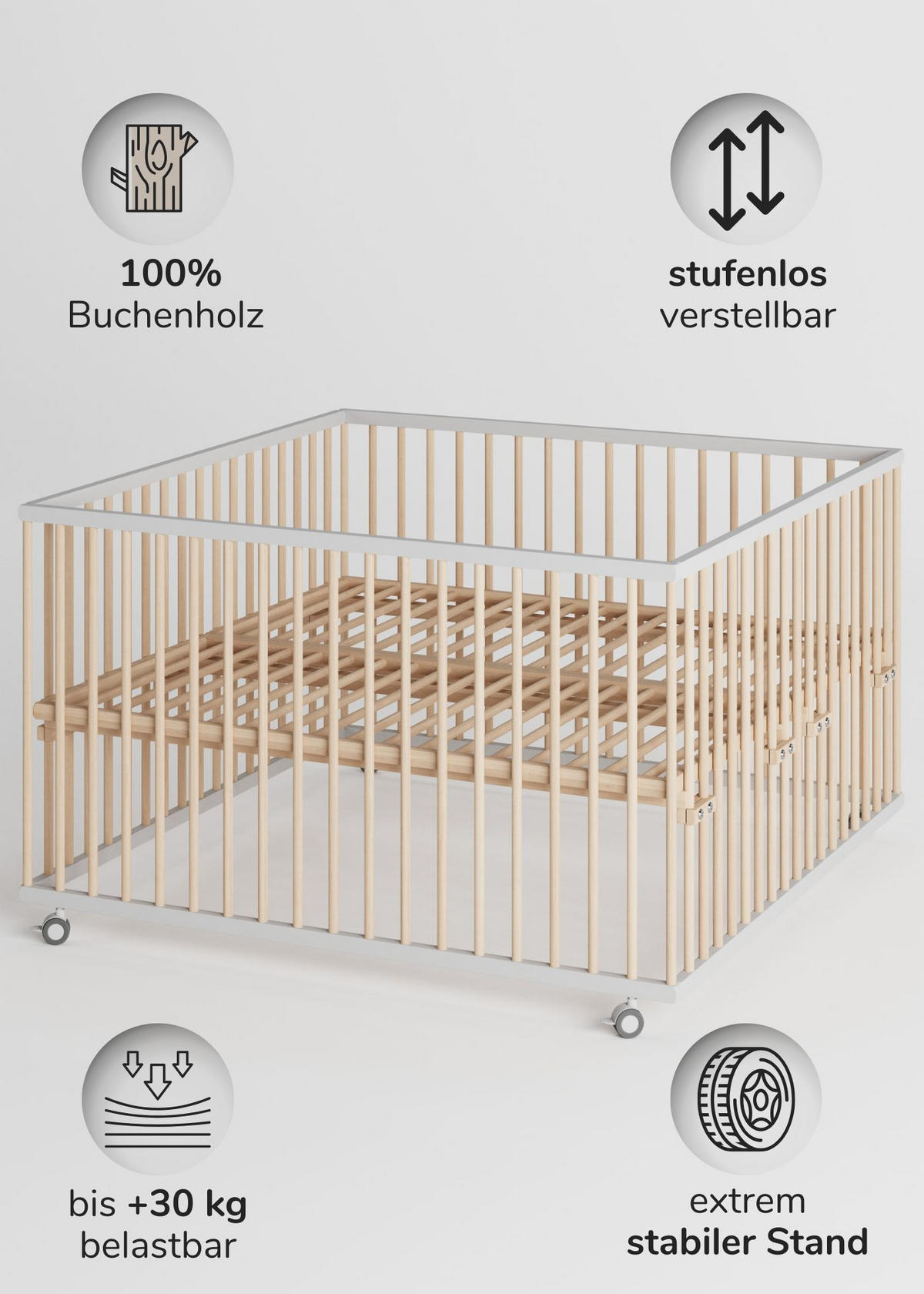 LAUFGITTER XXL 120x120 cm mit Matratze & Lattenrost - weiß/natur - Premium Kollektion - Weiß/Naturfarben, Holz (120/74/120cm) - Sämann – make a difference.