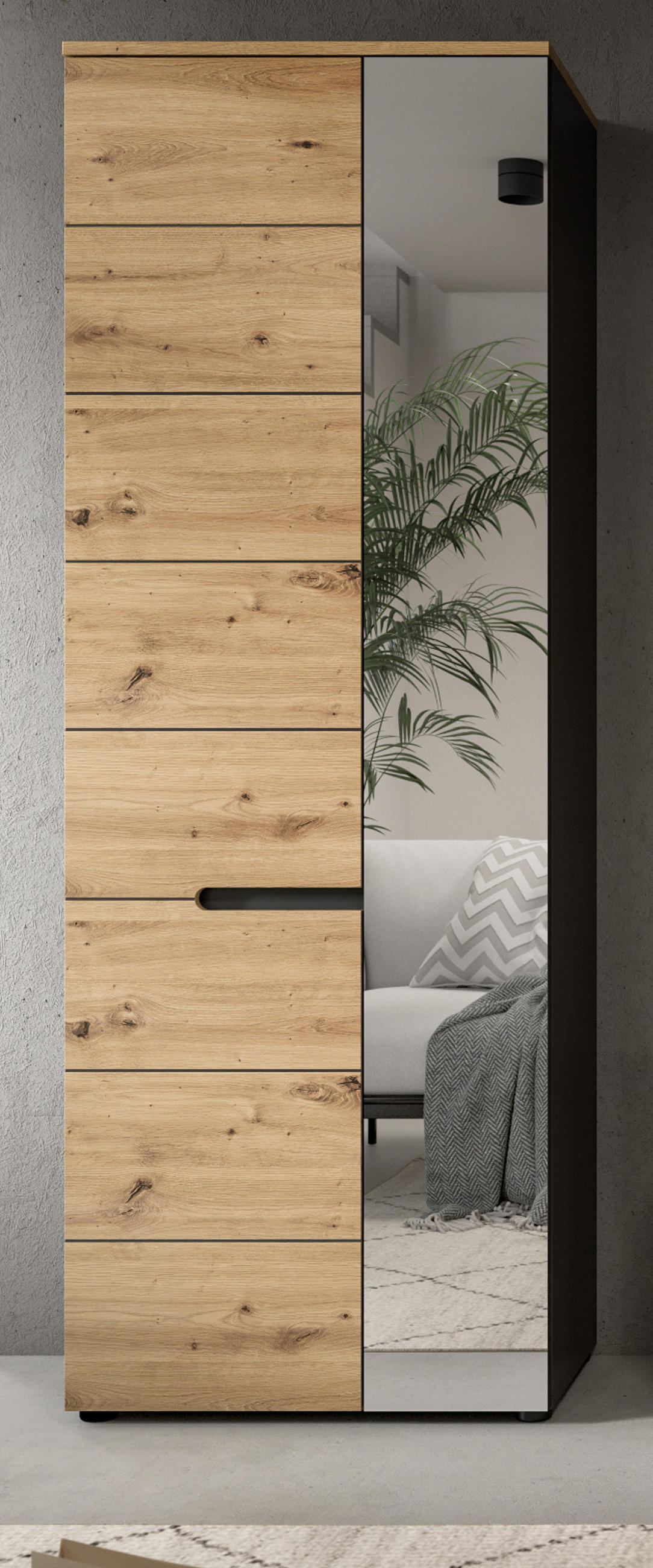 GARDEROBENSCHRANK Schuhschrank Eiche Artisan grau 65 cm mit Soft-Close - Schwarz/Eiche Artisan, Glas/Holz (65/190/37cm) - Inn.Furn