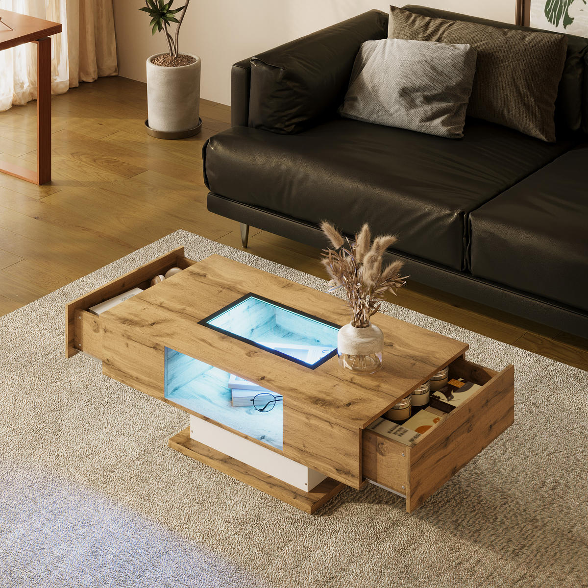 COUCHTISCH LED Glas 2 Schubladen - Naturfarben, Holzwerkstoff (60/110.2/39.7cm) - Fortuna Lai