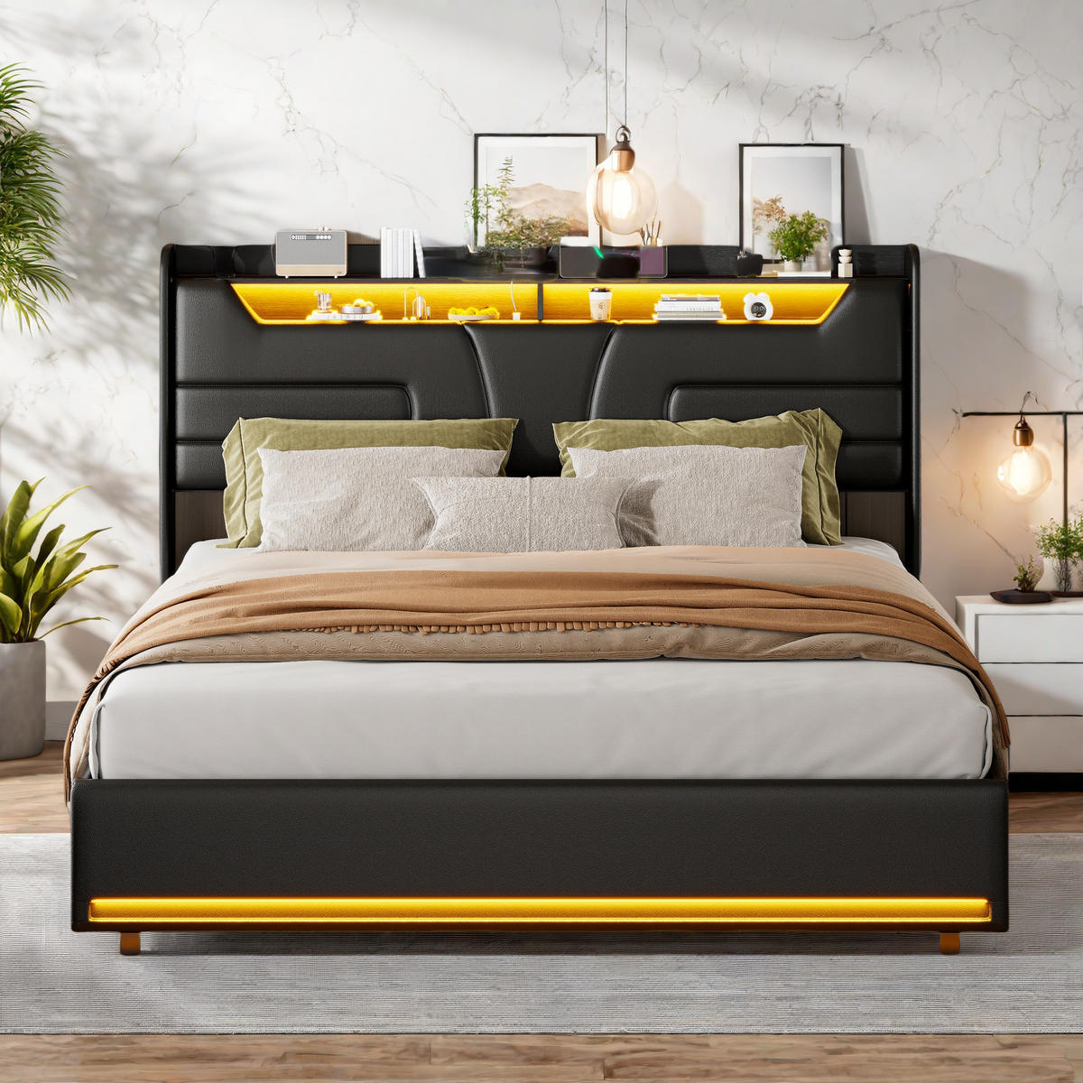 POLSTERBETT 140x200 cm Schwarz PU LED USB Bettkasten - Schwarz, Holz (140/200cm) - SHOPENTRA