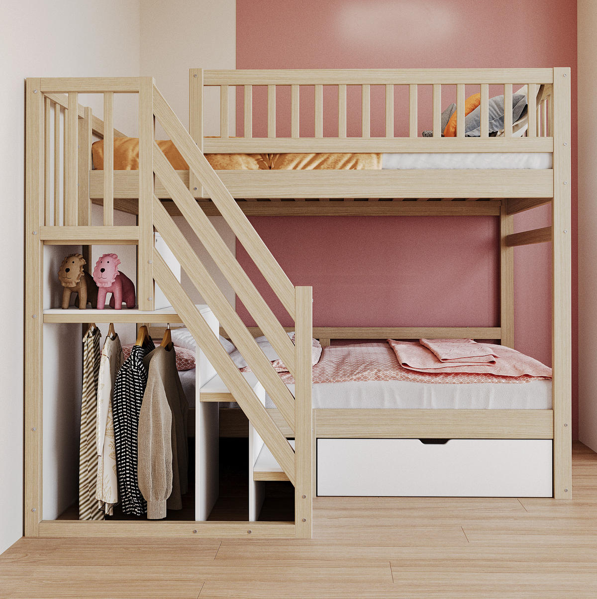 ETAGENBETT 90/200 cm aus Massivholz mit Stauraum und Sicherheitsleiter - Naturfarben, Holz (90/200cm) - Flora Grace