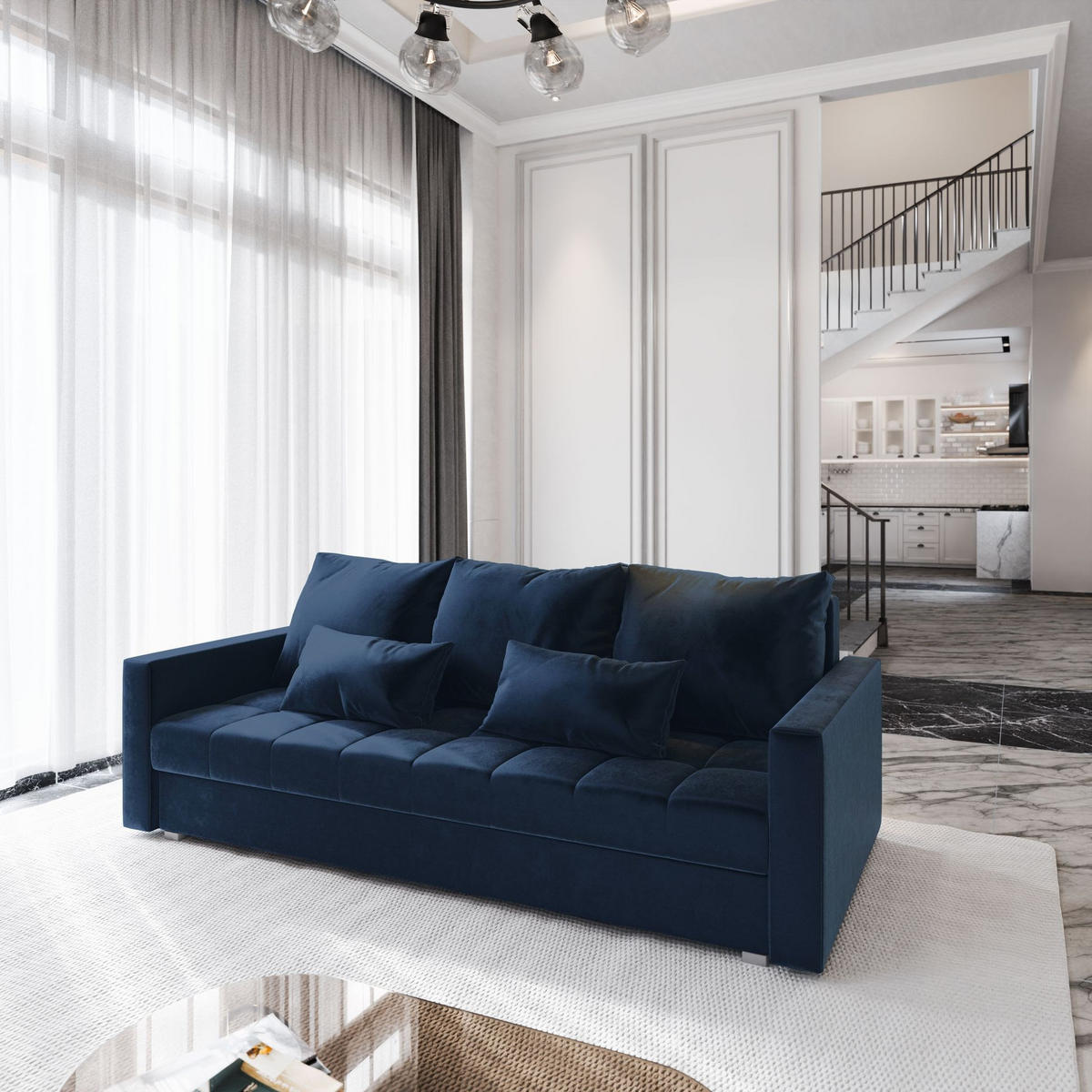 BETTSOFA SIRO Blau Plüsch-Stoff mit Schlaffunktion - Blau, Textil (222/83/86cm) - MASSENO