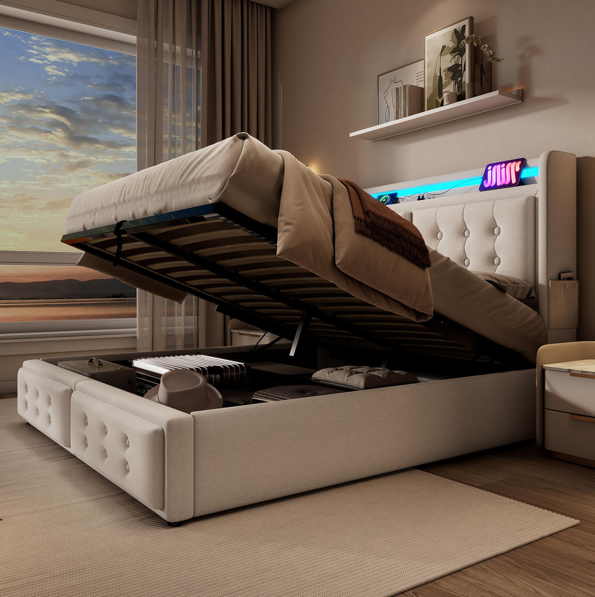 POLSTERBETT mit LED und Stauraum 140x200 cm Beige inkl. Matratze - Beige, Metall (140/200cm) - Meubliv