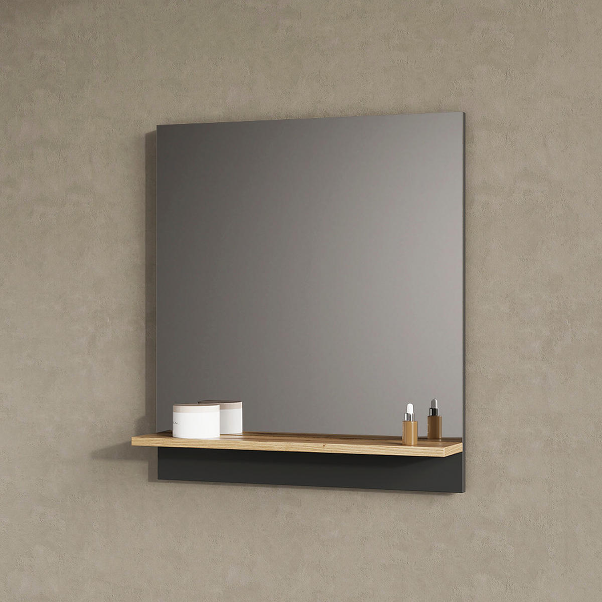 BADSPIEGEL Timavo Anthrazit 60 x 67 cm mit Regal - Anthrazit/Eiche Artisan, Holzwerkstoff (60/67/14cm) - Livinity®