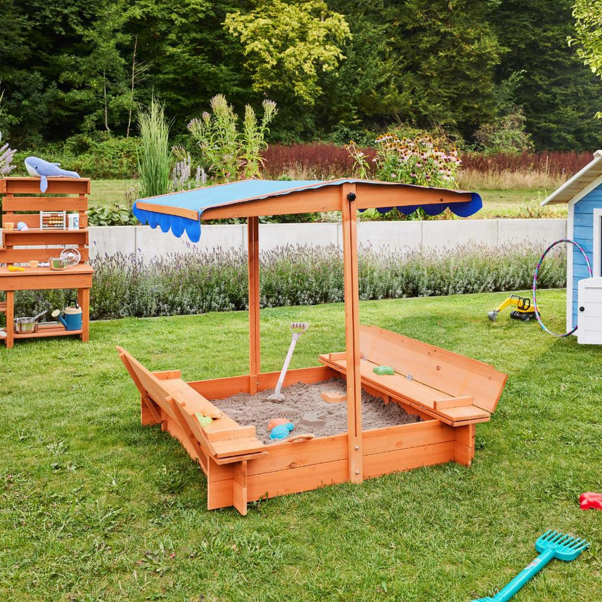 SANDKASTEN BUDDELKISTE - Blau/Naturfarben, Holz (110/110/110cm) - Home Deluxe