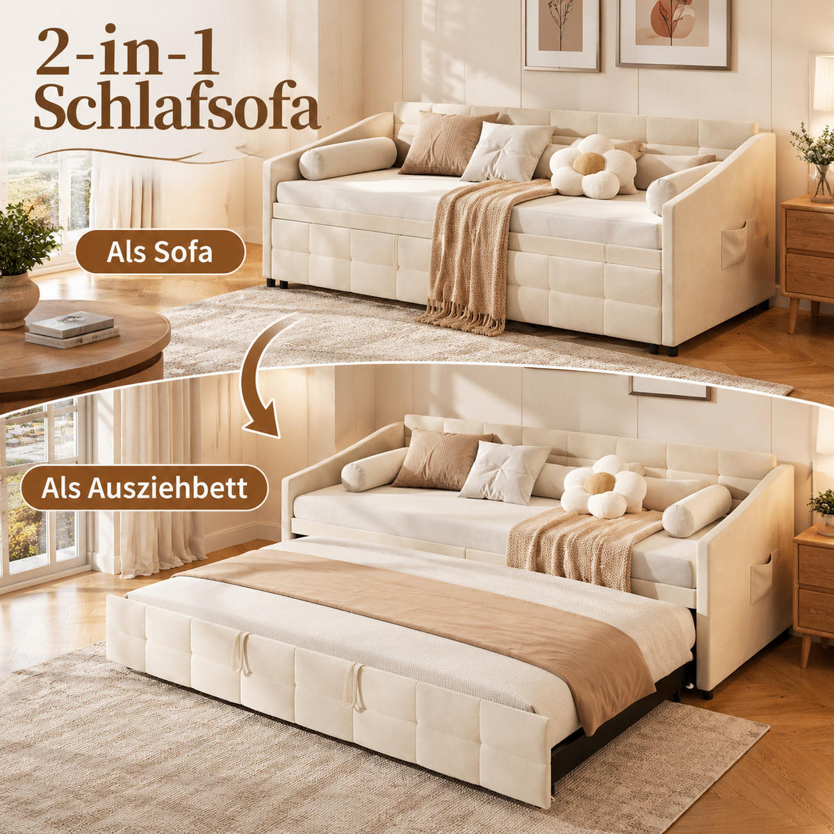 SCHLAFSOFA 200cm breit, Schlafsofa mit ausziehbarer Liegefläche - Beige, Metall (193.5/75/215cm) - Joyfair
