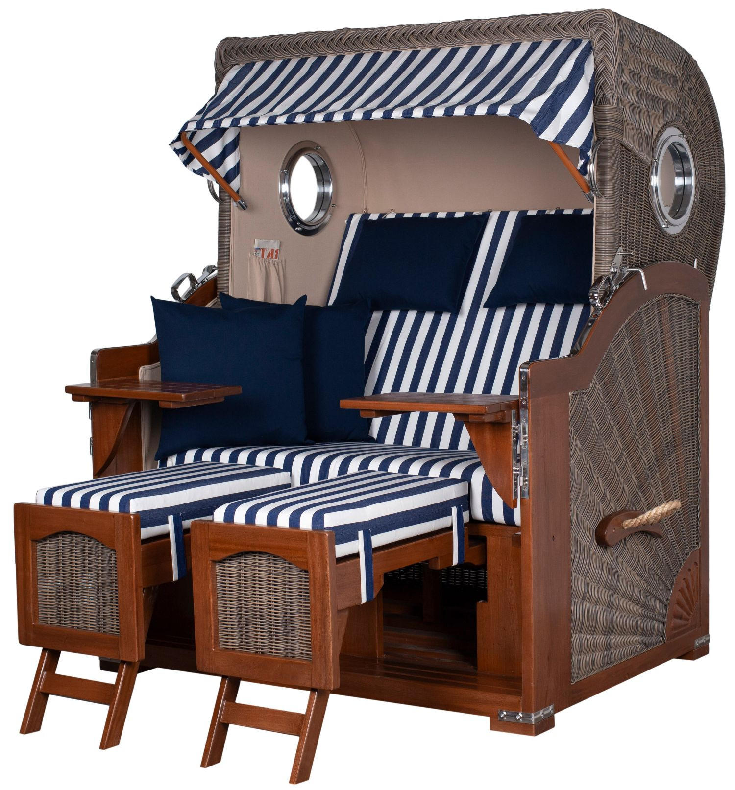 STRANDKORB Komplettset: Ammersee Mahagoni Bullauge - PE grau - Modell 518 - Blau/Weiß, Holz/Kunststoff (125/165/80cm) - bene living