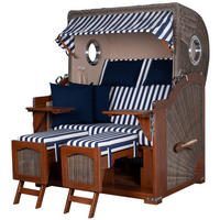 STRANDKORB Komplettset: Ammersee Mahagoni Bullauge - PE grau - Modell 518 - Blau/Weiß, Holz/Kunststoff (125/165/80cm) - bene living