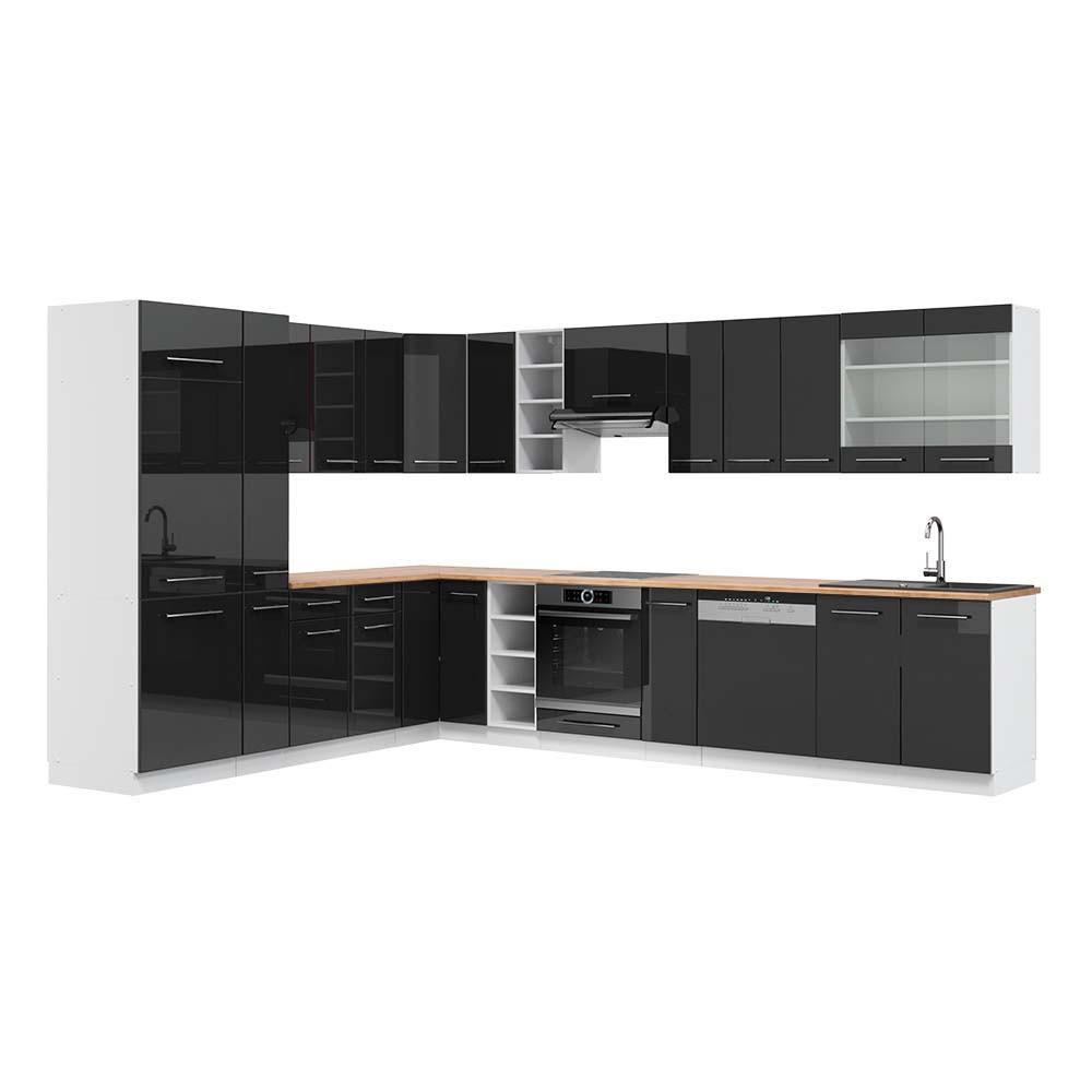 ECKKÜCHE Fame-Line Anthrazit Hochglanz/Weiß 347 x 257 cm, AP Eiche - Anthrazit/Weiß, Holzwerkstoff (347/81.6/60cm) - Vicco