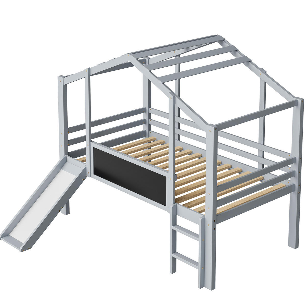 HOCHBETT 90/200 cm aus Massivholz mit Rutsche, Leiter und Tafel im Hausdesign, Grau - Grau, Holz (90/200cm) - Redom