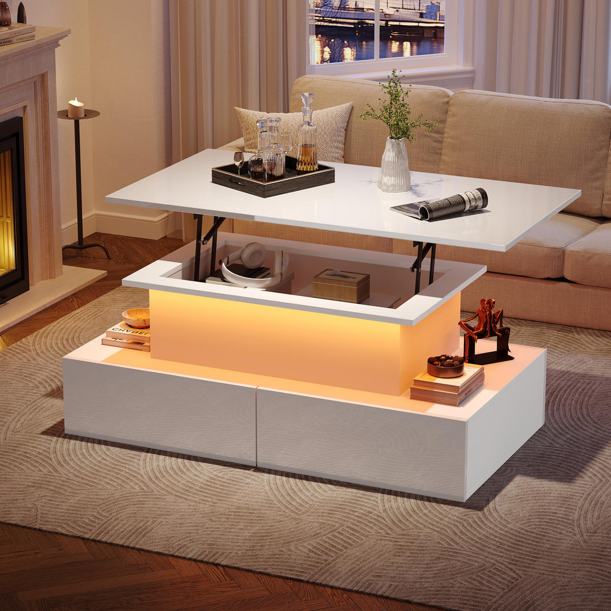 COUCHTISCH mit LED und 4 Schubladen 90x55x41 cm Hochglanz - Weiß, Holzwerkstoff (90/55/41cm) - Meubliv