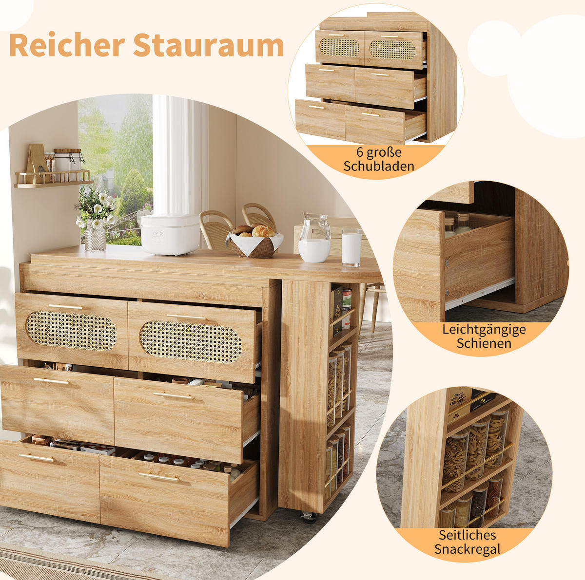BARTISCH 128-203/39/90 cm in Natur mit 360° Drehfunktion & 6 Schubladen - Naturfarben, Holzwerkstoff (39/203/90cm) - BEAOK