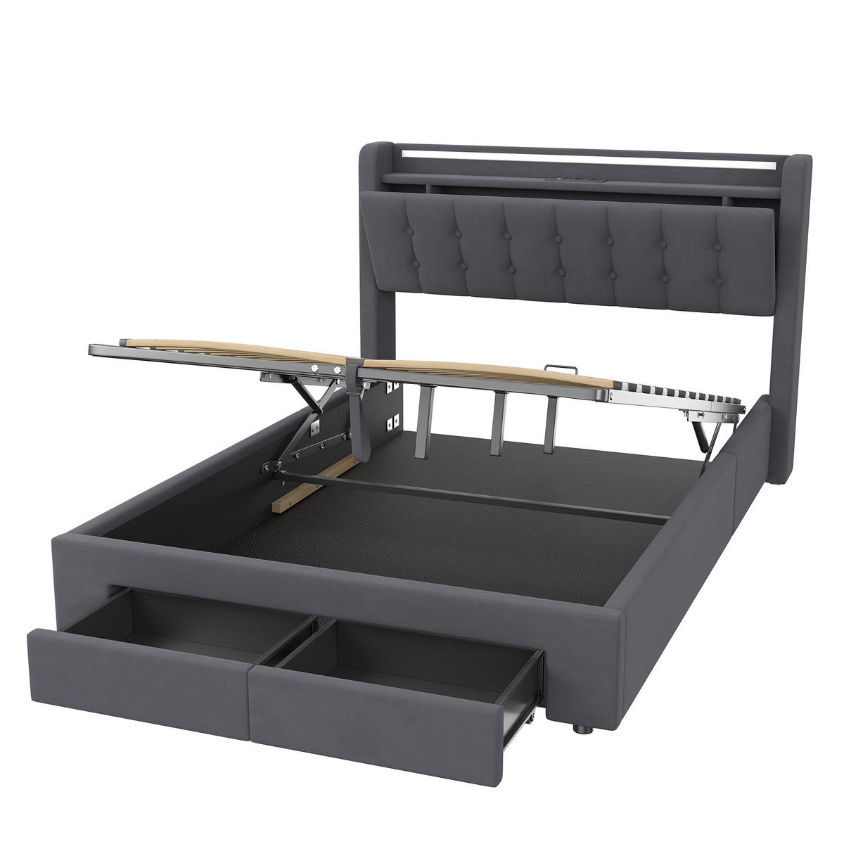 POLSTERBETT 140/190 cm in Dunkelgrau Samt mit Bettkasten, Schubladen und USB/LED-Beleuchtung - Dunkelgrau, Holzwerkstoff/Textil (140/190cm) - CHICFURN