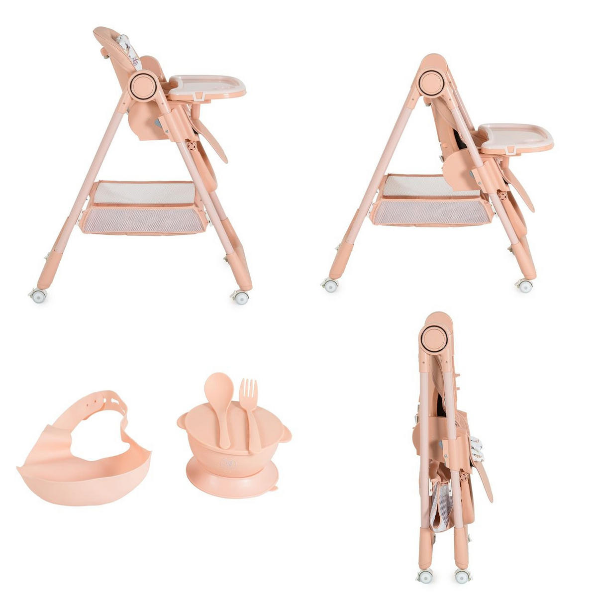HOCHSTUHL Surprise faltbar rosa Lätzchen Schüssel Löffel Gabel Räder Korb - Rosa, Metall (52/90/86cm) - Moni