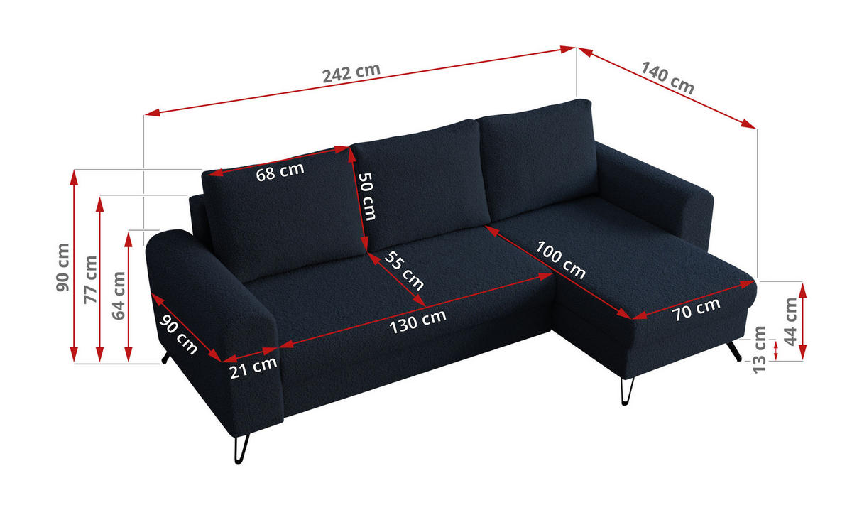 ECKSOFA Hugo Boucle Dunkelblau - Schwarz/Dunkelblau, Textil/Metall (242/140cm) - MKS