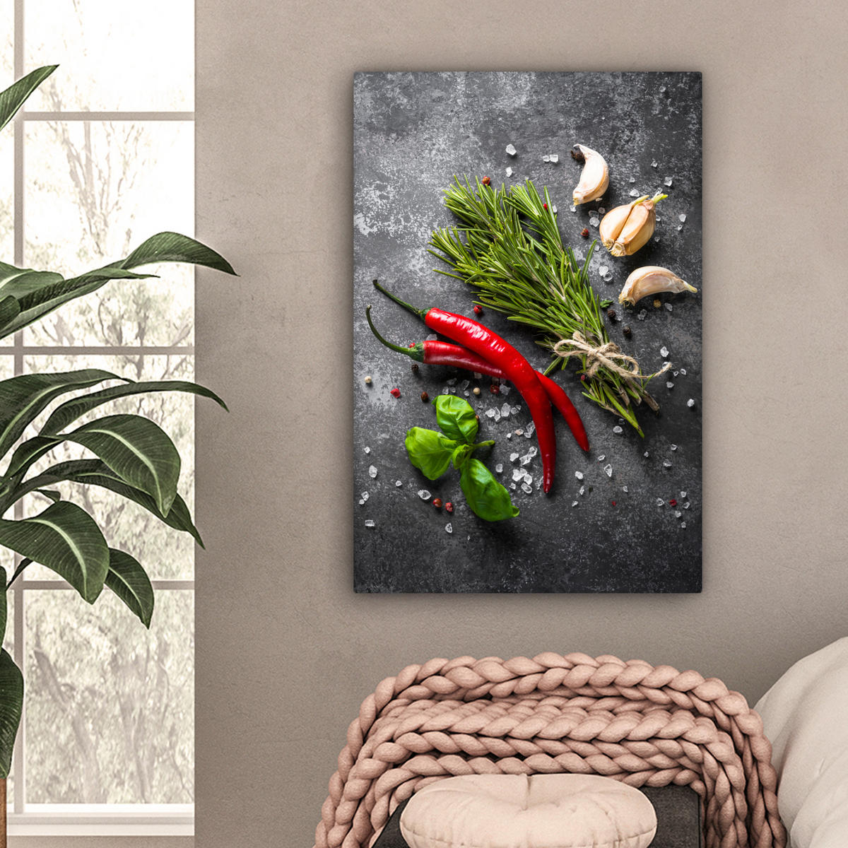 LEINWANDBILD Pfeffer - Kräuter - Gewürze - Beton 60x90 cm - Dunkelgrau, Textil (60/90cm) - MuchoWow