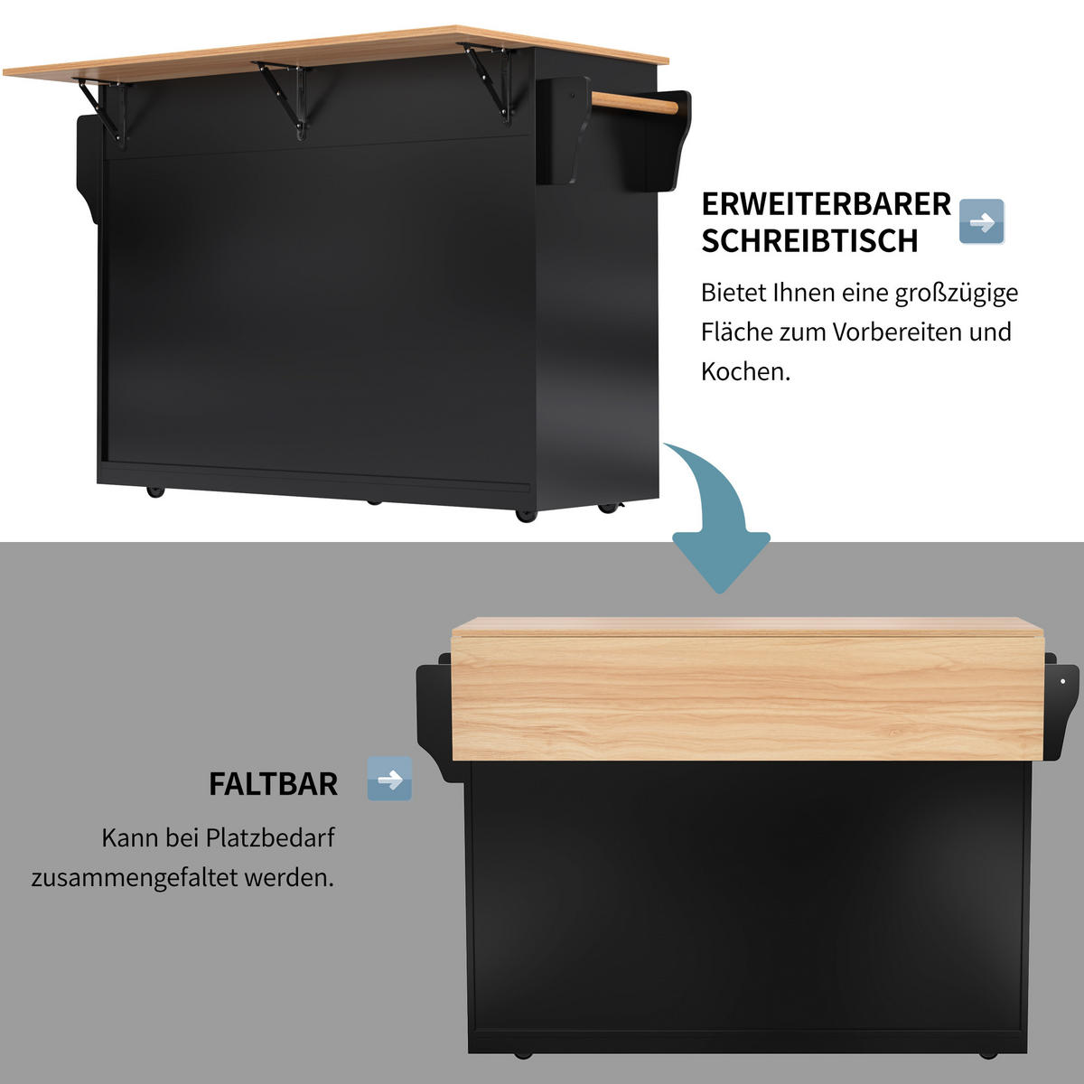 KÜCHENINSEL auf Rollen 136/46/91.5 cm Schwarz mit 2 Schubladen und klappbarer Tischplatte - Schwarz, Holz/Holzwerkstoff (71/91.5/120cm) - Oxeza
