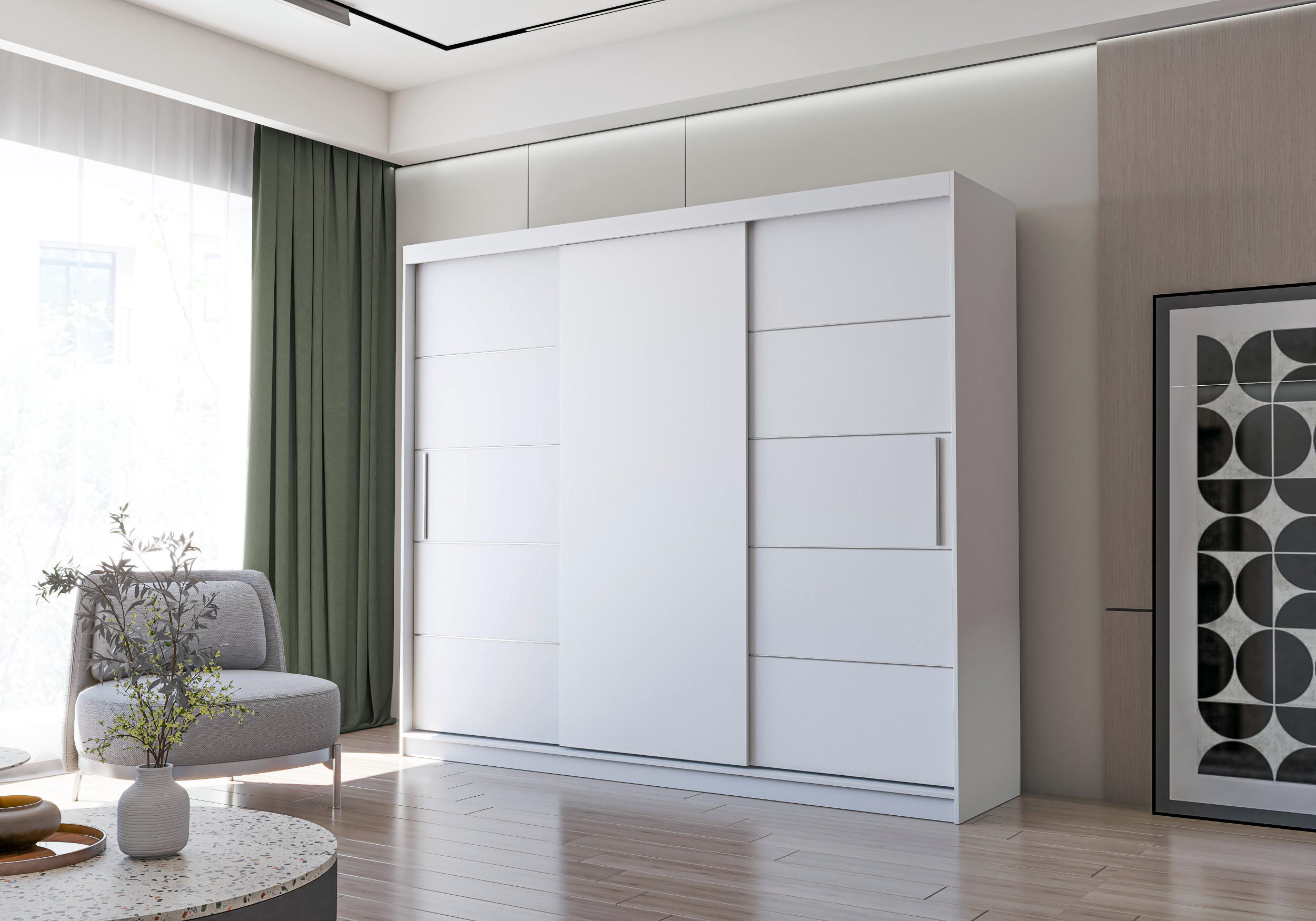 SCHWEBETÜRENSCHRANK ALBA ohne Spiegel Weiß, mit Profil LED 250cm - Alufarben/Weiß, Holzwerkstoff/Kunststoff (250/218/61cm) - imoebel24