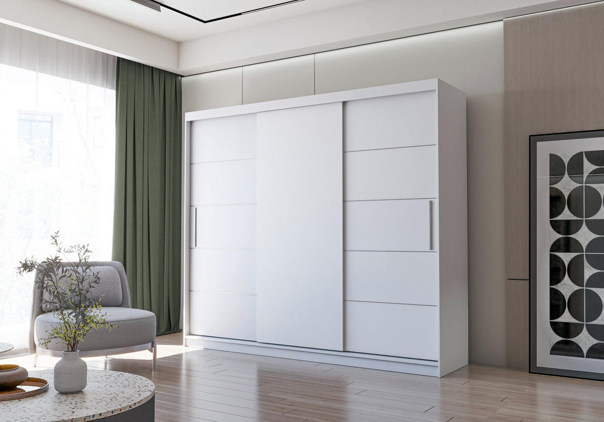 SCHWEBETÜRENSCHRANK ALBA ohne Spiegel Weiß, mit Profil LED 250cm - Alufarben/Weiß, Holzwerkstoff/Kunststoff (250/218/61cm) - imoebel24