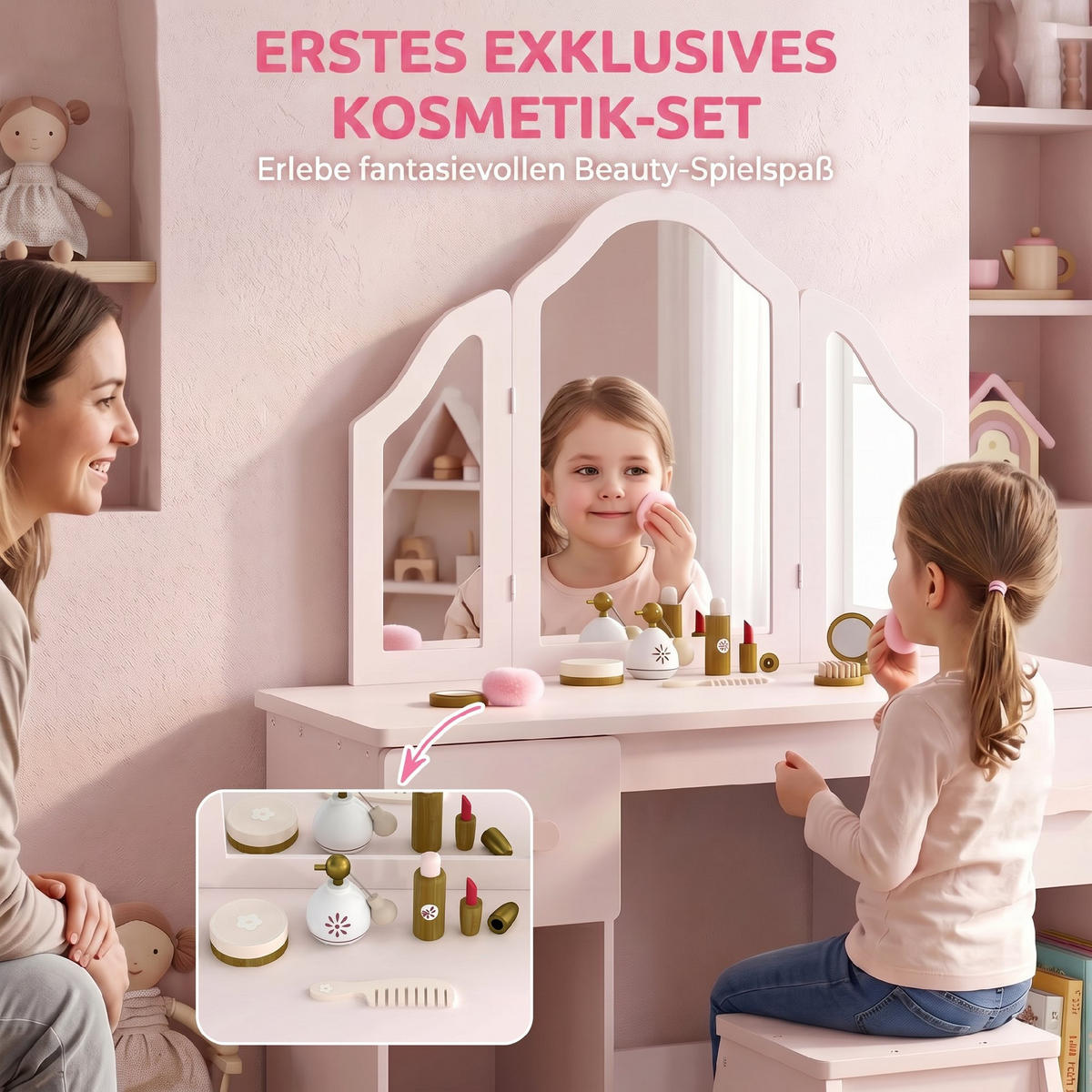KINDERSCHMINKTISCH-SET MDF Acryl Rosa - Rosa/Naturfarben, Holzwerkstoff (33/90.7/79.5cm) - AIYAPLAY