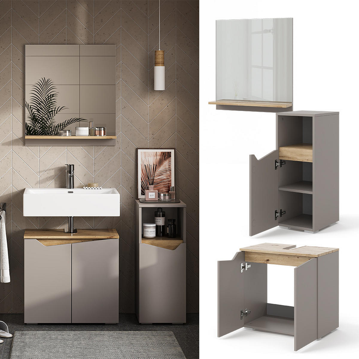 BADMÖBEL-KOMBINATION Marelle Greige 3 Teile, mit Midischrank - Greige, Holzwerkstoff (60/57/35cm) - Vicco