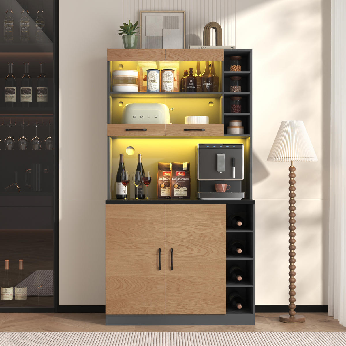 KÜCHENSCHRANK mit LED 100 x 47 x 187 cm Grau/Natur - Grau, Holzwerkstoff (47/187/100cm) - Meubliv