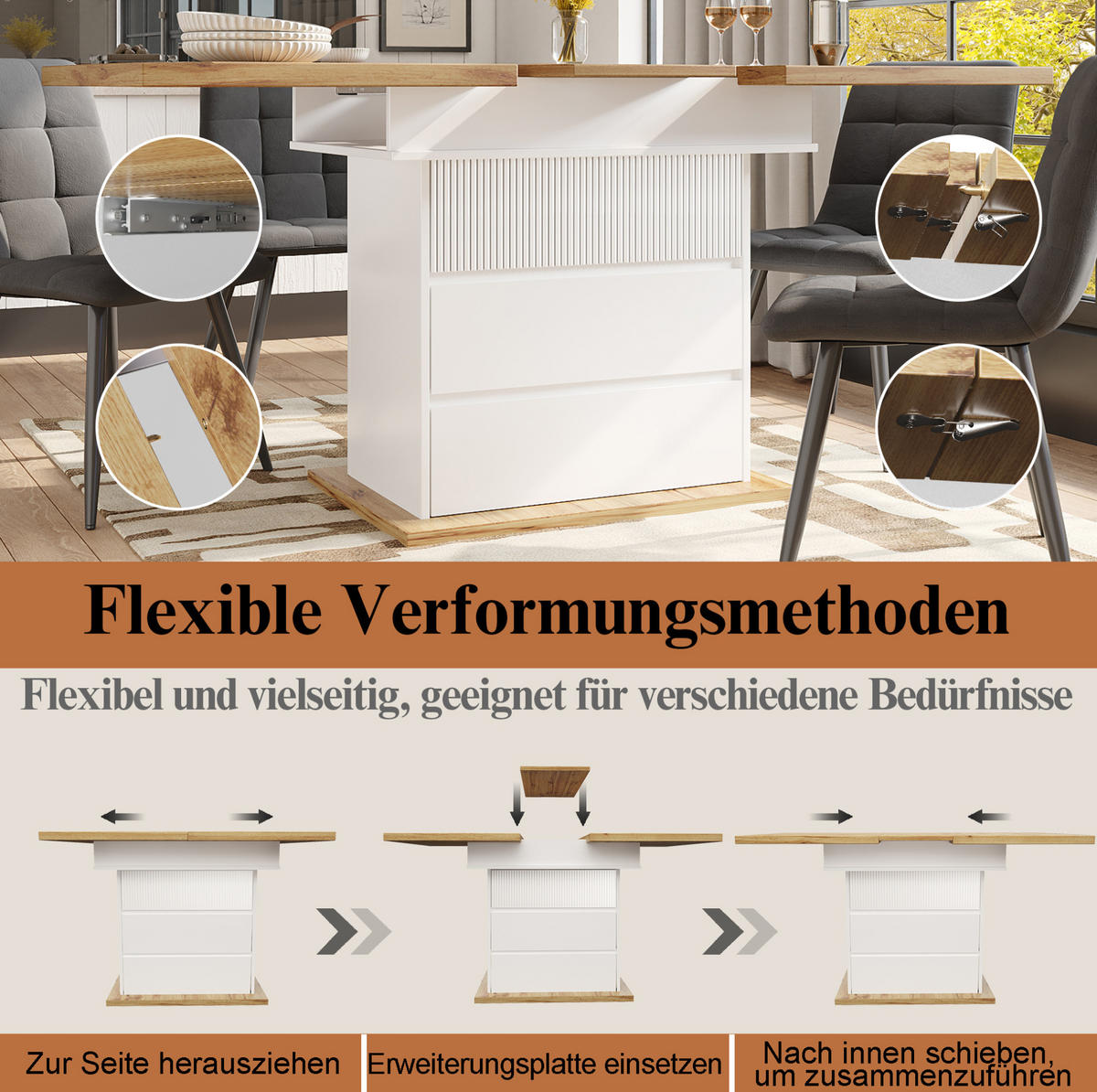 JÍDELNÍ stůl 110-140/80/75 cm přírodní/bílý z MDF s rozkládací deskou a úložným prostorem - bílá, kompozitní dřevo (140/80/75cm) - OKWISH