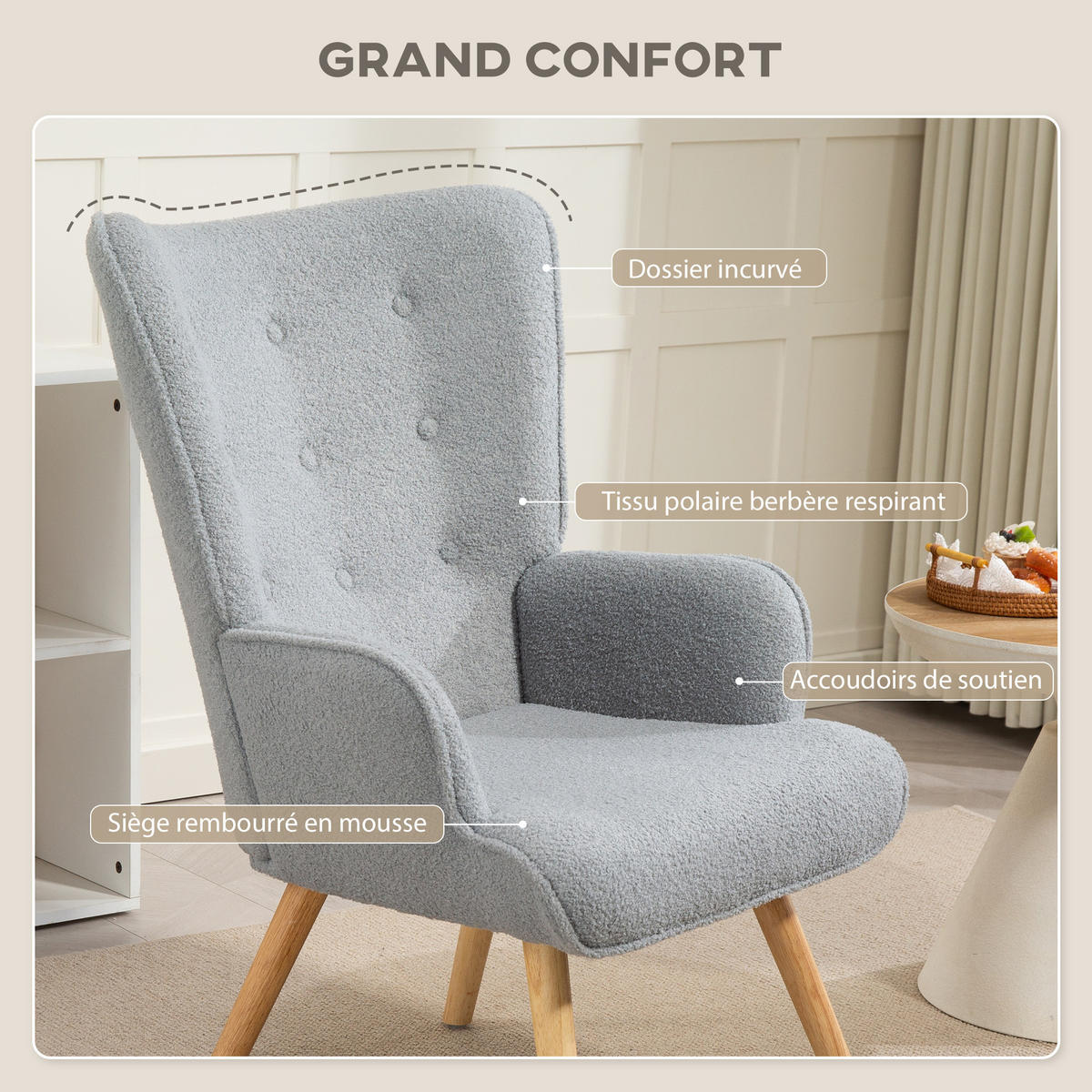 SESSEL DE-13280 Bouclé-Stoff & Knopfheftung Hellgrau - Grau, Holz (71/96/74cm) - ComfortXL