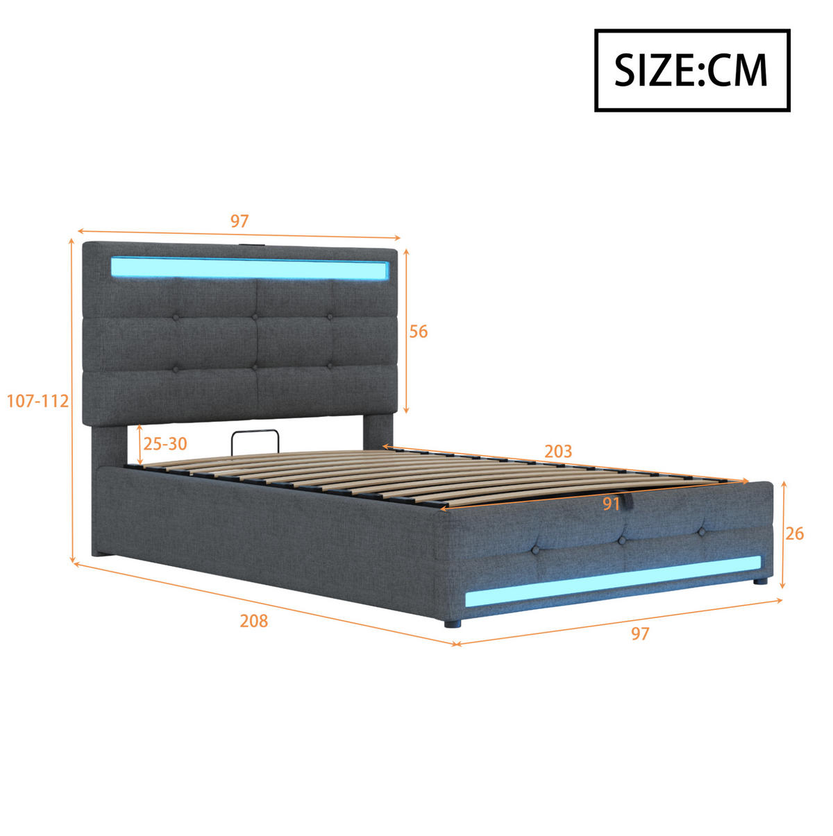 POLSTERBETT 90/200 cm Grau mit LED-Beleuchtung und USB-Anschlüssen - Grau, Textil (90/200cm) - Flora Grace
