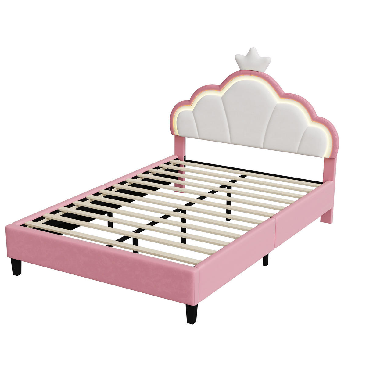 JUGENDBETT Sternenkrone mit RGB-LED & Wellen-Kopfteil 140/200 cm Samt Rosa/Weiß - Pink, Textil (140/200cm) - Creahappy