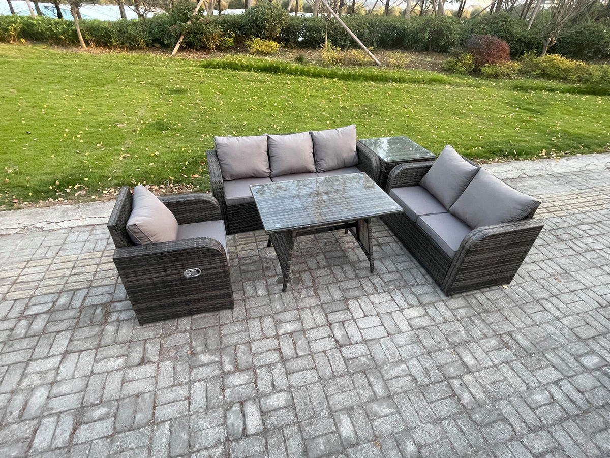GARTENMÖBEL SET Polyrattan Dunkelgrau 6-Sitzer - Dunkelgrau/Grau, Glas/Kunststoff - Fimous
