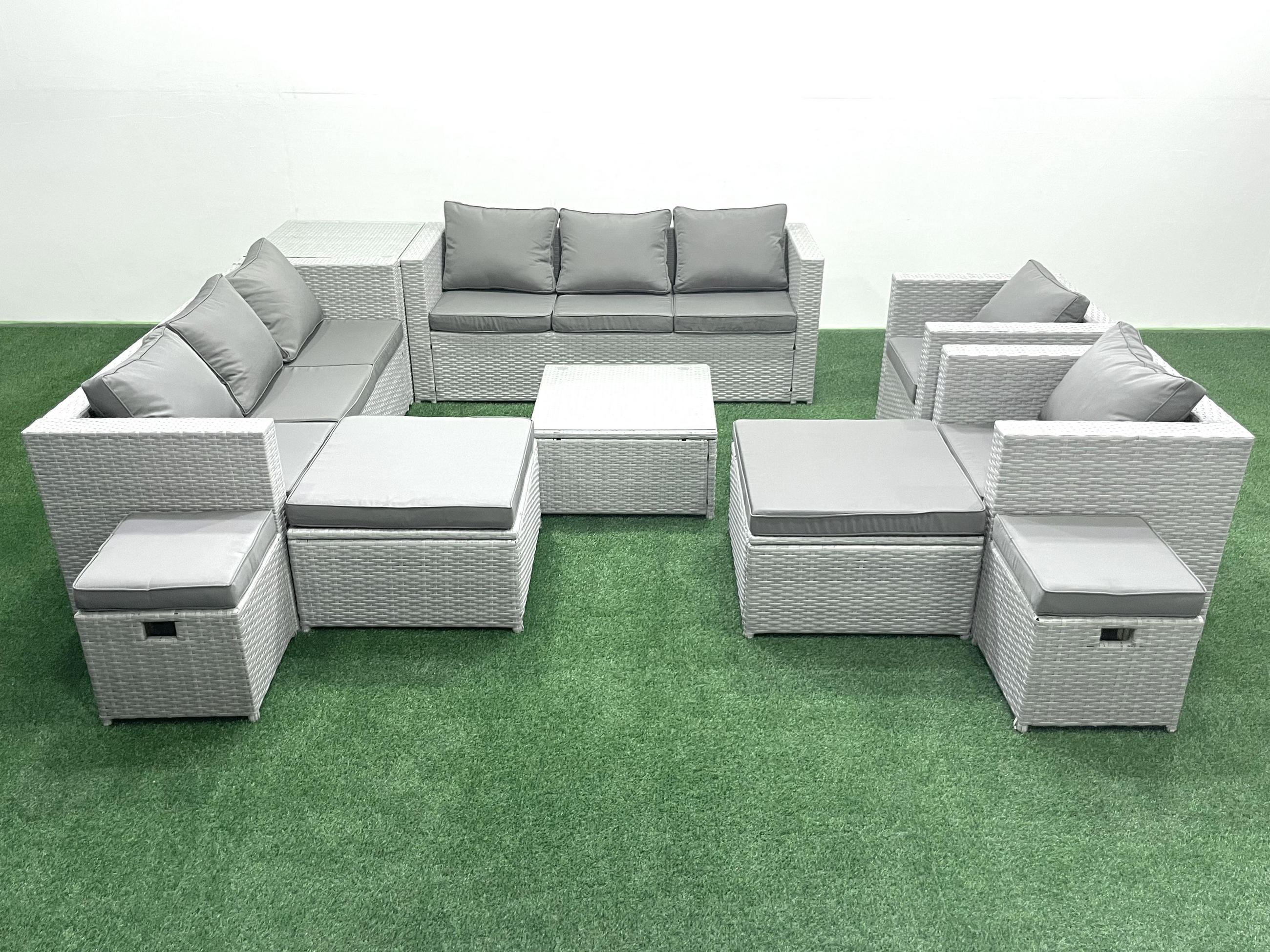 GARTENMÖBELSET mit 3-SITZER SOFA,COUCHTISCH Polyrattan Hellgrau-Mix 12-Sitzer - Hellgrau/Grau, Glas/Kunststoff - Fimous