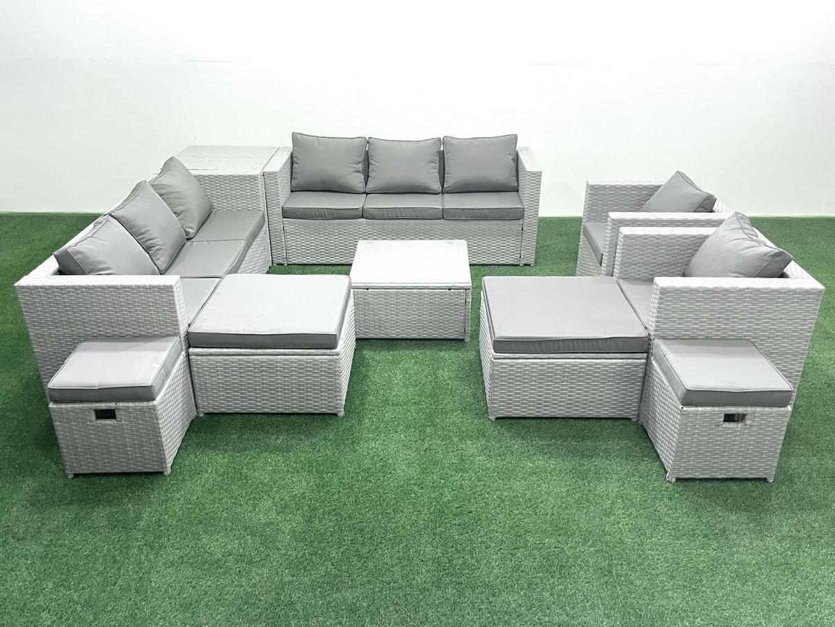 GARTENMÖBELSET mit 3-SITZER SOFA,COUCHTISCH Polyrattan Hellgrau-Mix 12-Sitzer - Hellgrau/Grau, Glas/Kunststoff - Fimous