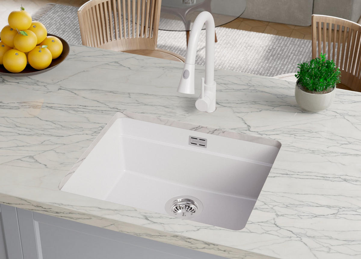 UNTERBAUSPÜLE GRANIT Praga, 2-er set Weiß 56/47 cm 1 Becken + Ablauf-Set + Aufrollbare Abtropffläche ab 60er Unterschrank - Chromfarben/Weiß, Kunststoff (56/20/47cm) - Primagran