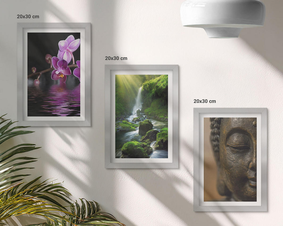 WANDBILDER 3er Set - 20x30 cm Silberner Rahmen - Blumen, Wasserfall, Buddha-Felsen, Zen - Silberfarben, Kunststoff (20/30cm) - ArtPrintCave