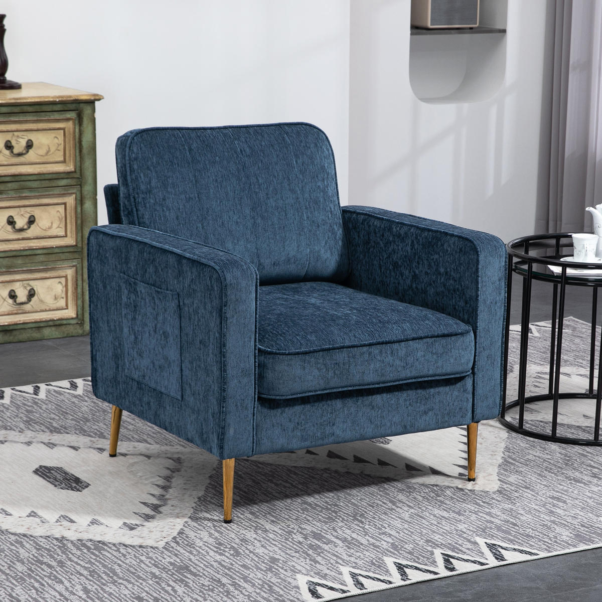 SESSEL DE-13399 mit goldenen Stahlfüßen & Seitentaschen Blau - Blau, Textil (84/87/81cm) - ComfortXL