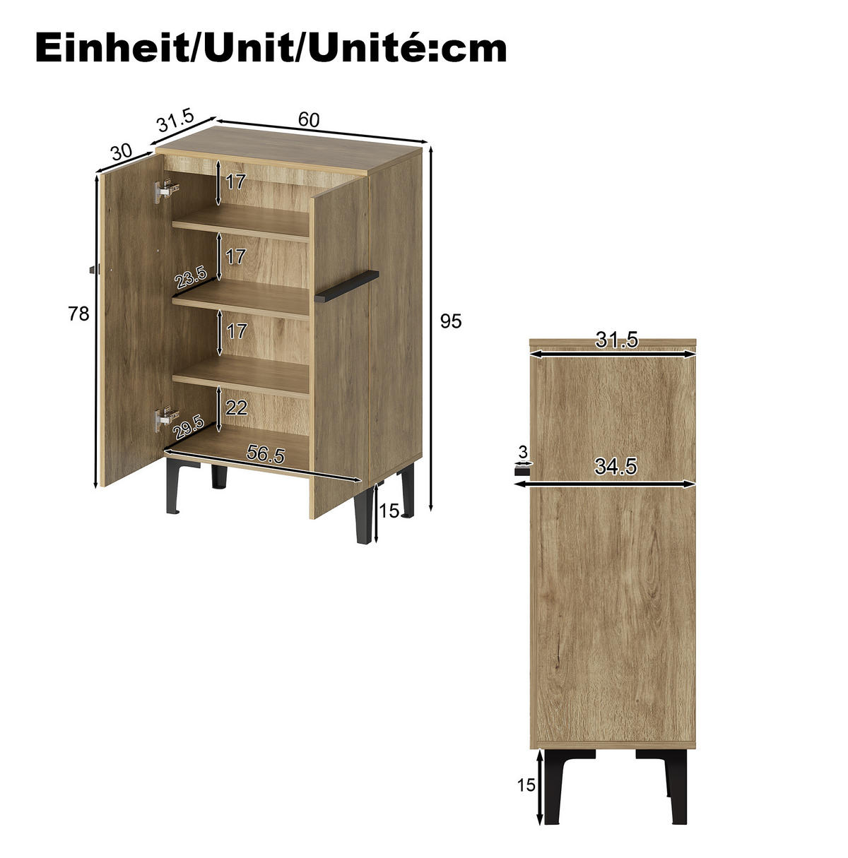 SCHUHSCHRANK 60/34,5/95 cm mit Doppeltüren und verstellbaren Einlegeböden in Holzoptik, Schwarz/Natur - Schwarz, Holzwerkstoff (60/95/34.5cm) - Redom